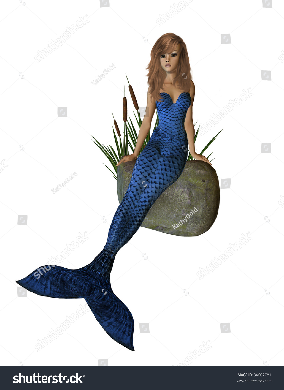 Blue Mermaid Sitting On Rock Cattails Stock Illustration 34602781 ...