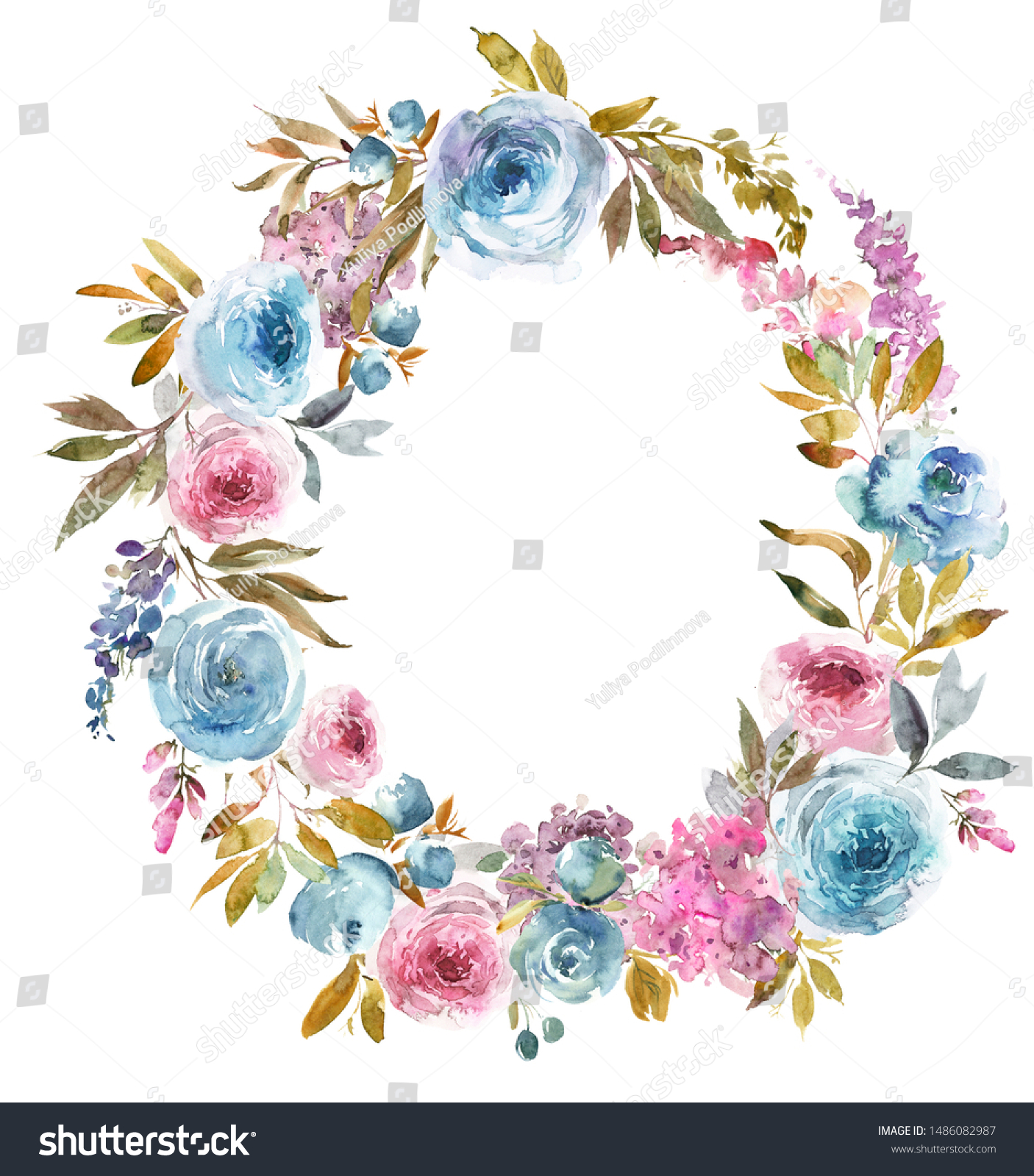 Blue Pink Ochre Watercolor Floral Arrangement Stock Illustration 1486082987