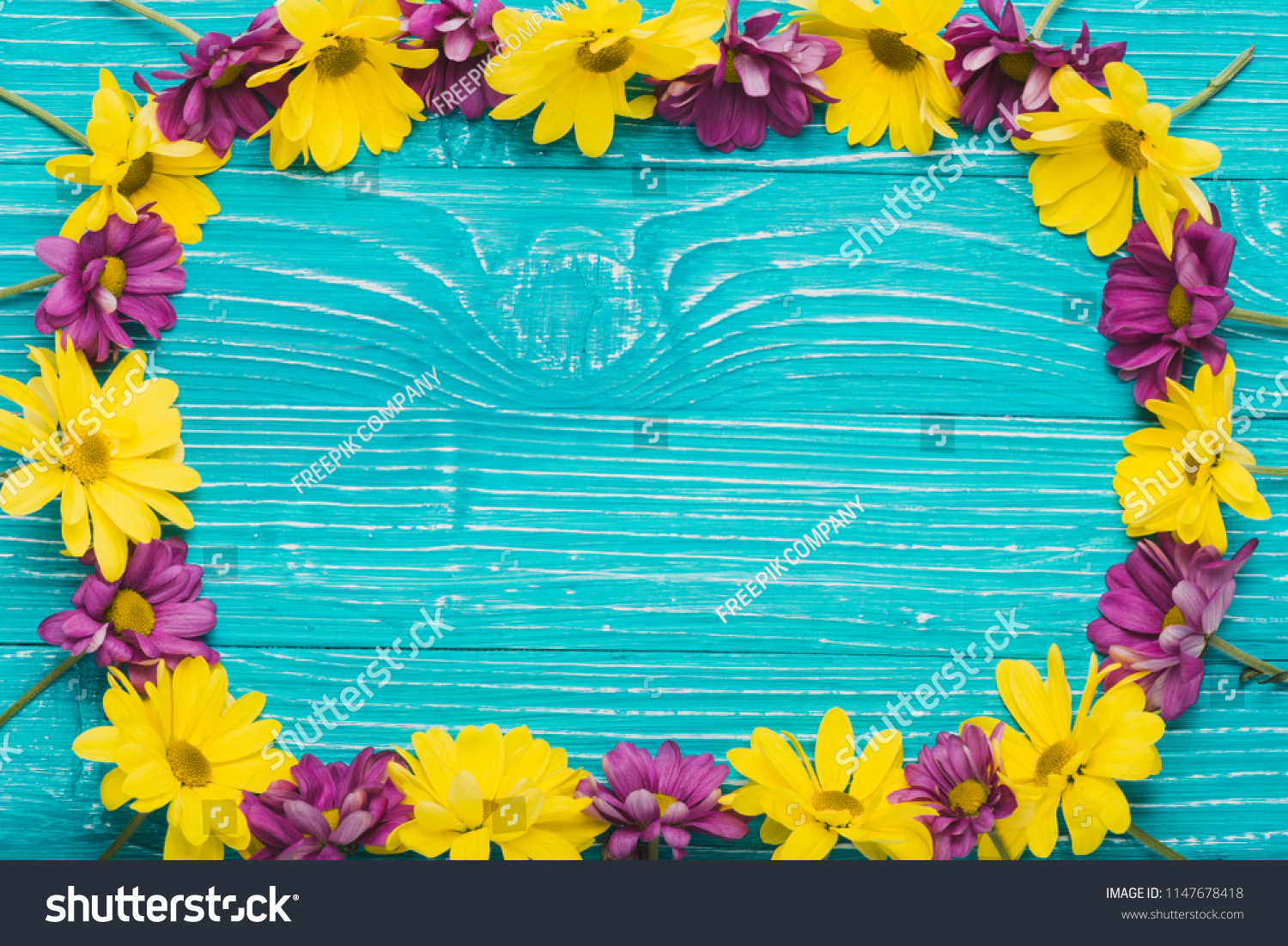 Blue Surface Frame Purple Yellow Flowers Stock Photo Edit Now