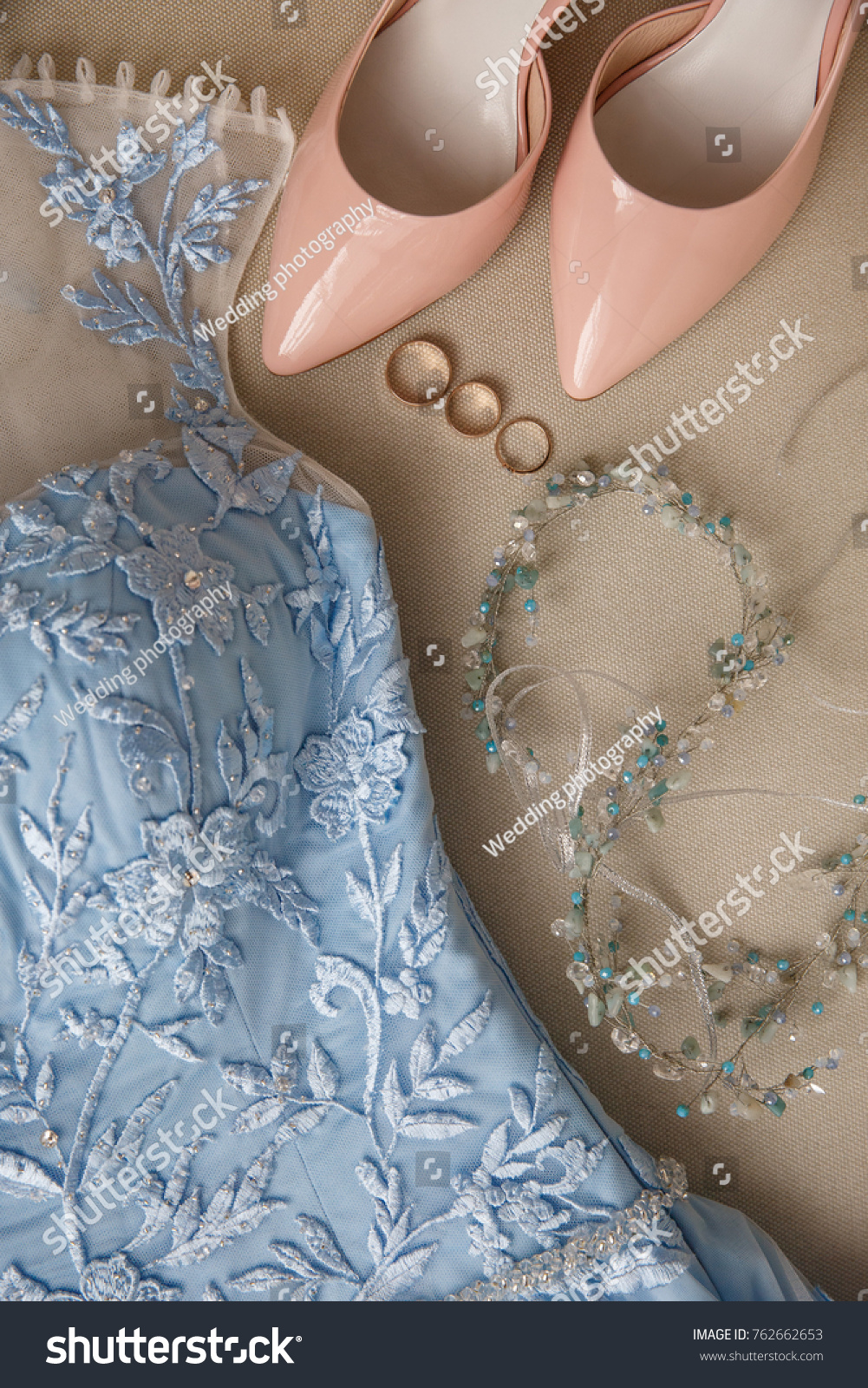 Blue Wedding Dress Bridal Shoes On Stock Photo Edit Now 762662653