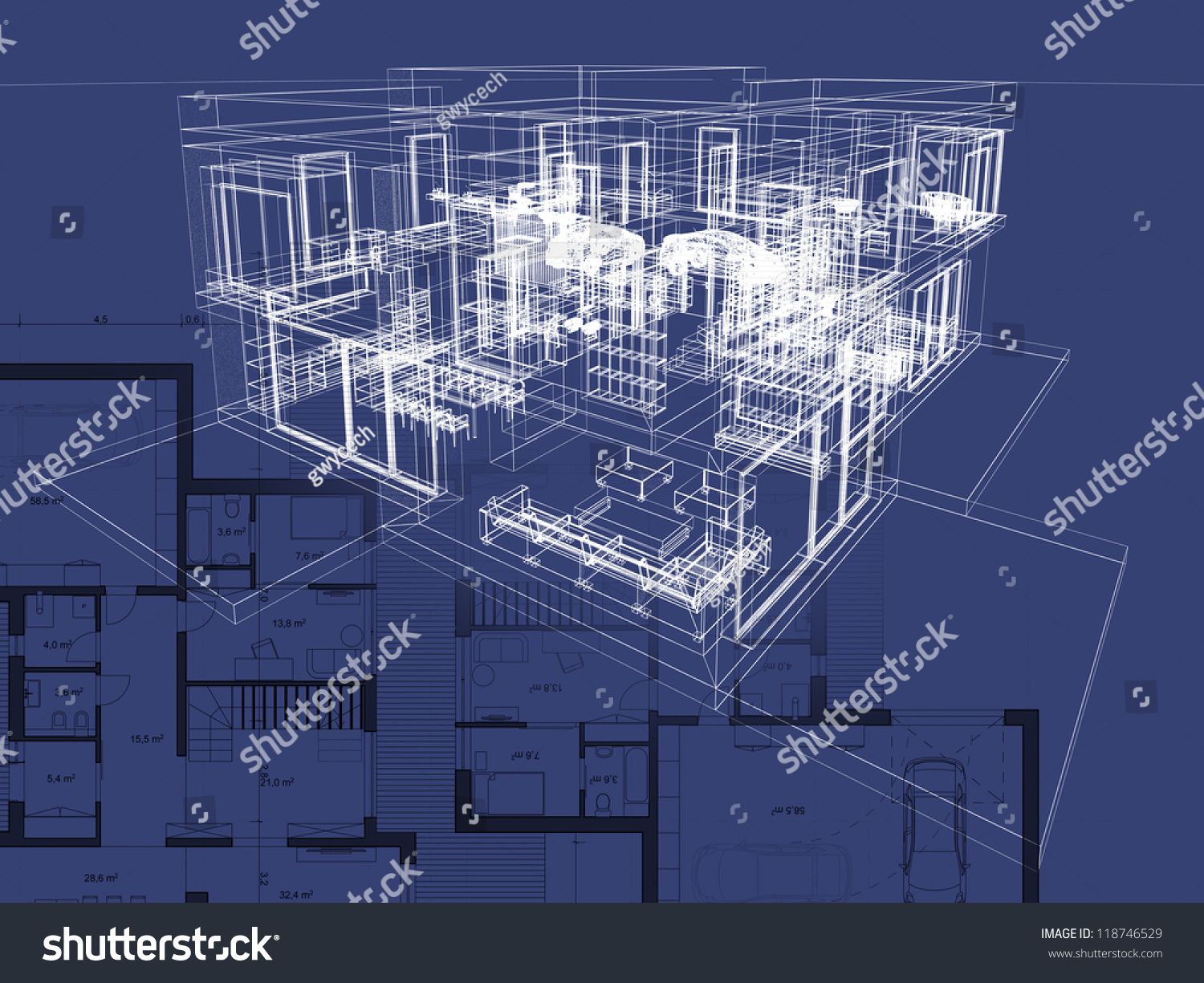 Blueprint Architecture Plan Perspective Drawing Contemporary Stock ...