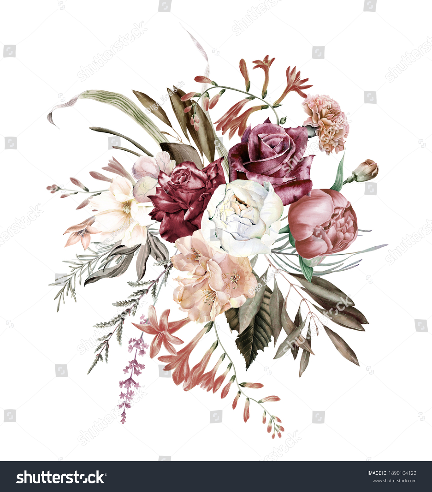 Boho Burgundy Bouquets Clipart Watercolor Blush Stock Illustration ...