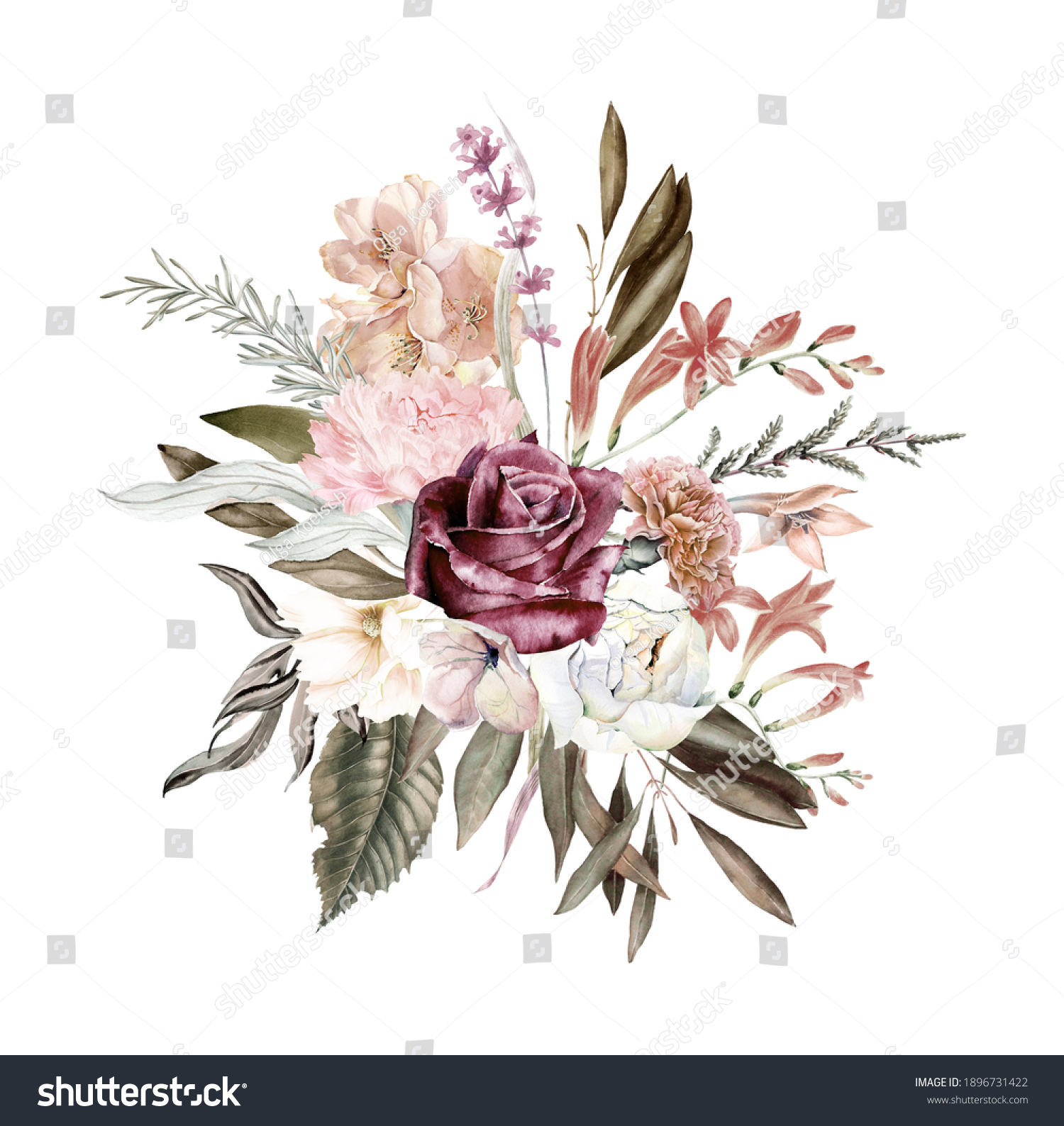 Boho Burgundy Bouquets Clipart Watercolor Blush Stock Illustration ...