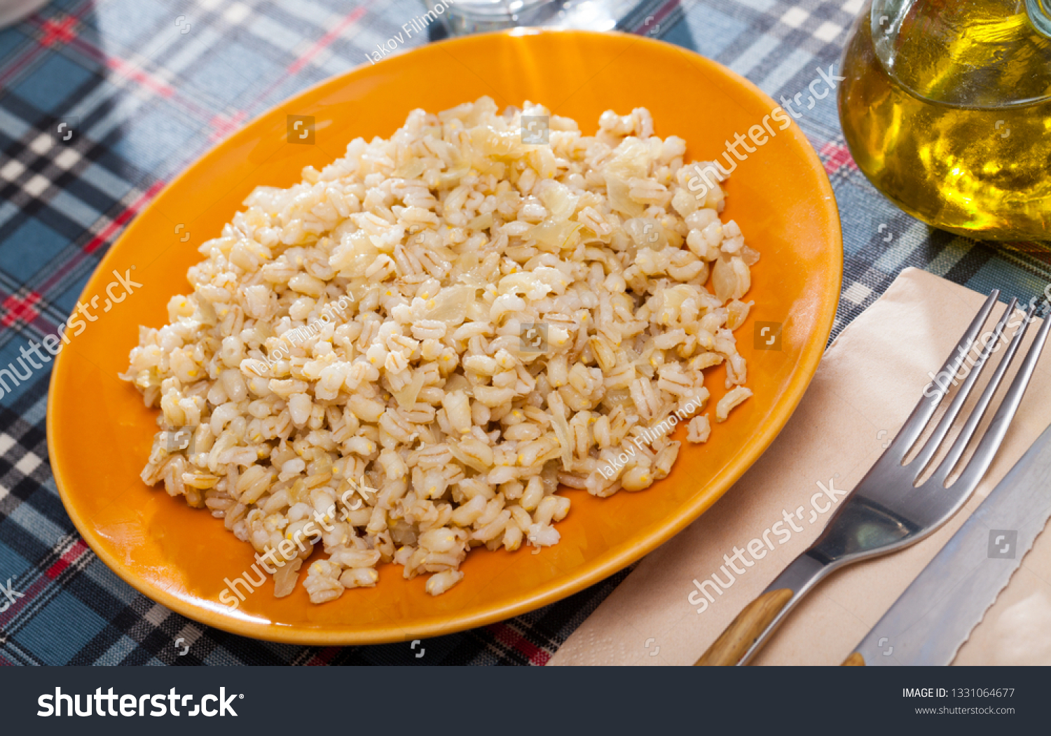 Download Boiled Pearl Barley Served On Yellow Stock Photo Edit Now 1331064677 PSD Mockup Templates