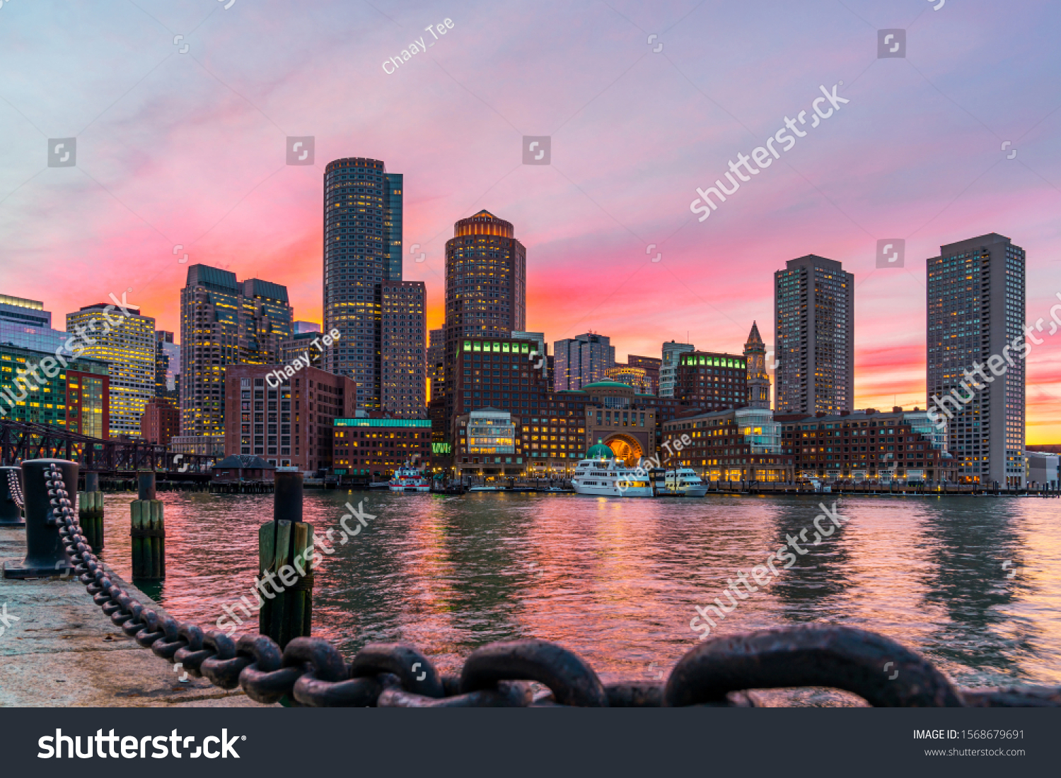 Boston Skyline Fort Point Channel Sunset Stock Photo (Edit Now) 1568679691