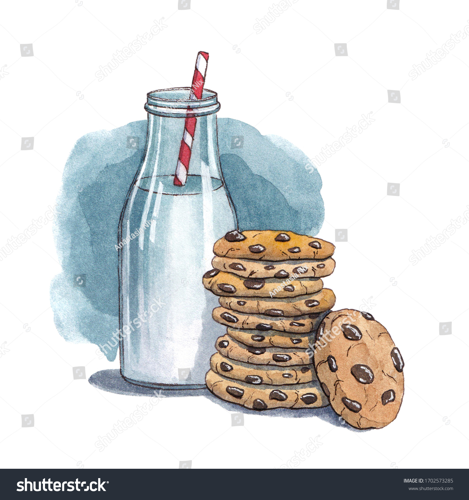 Cookies Download Baking Milk Bottle American Dessert Chocolate Chip Cookie Watercolor Milk and Cookies Clipart Instant Download