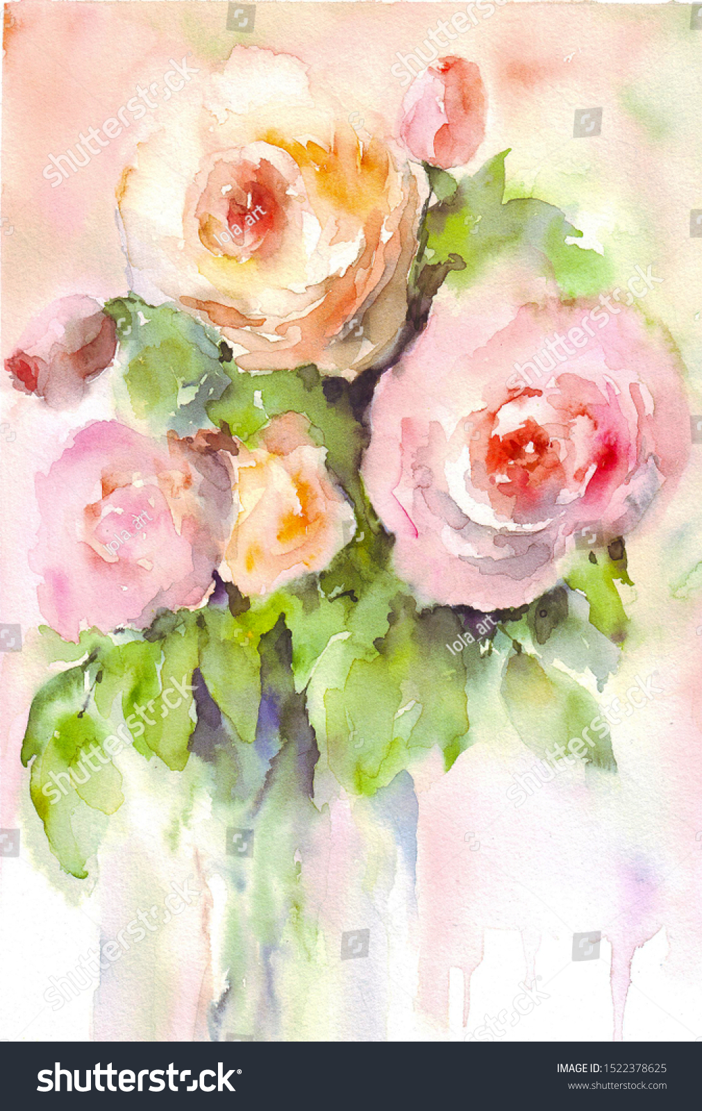 Download Bouquet Orange Roses Watercolor Flowers Leaves Stock Illustration 1522378625