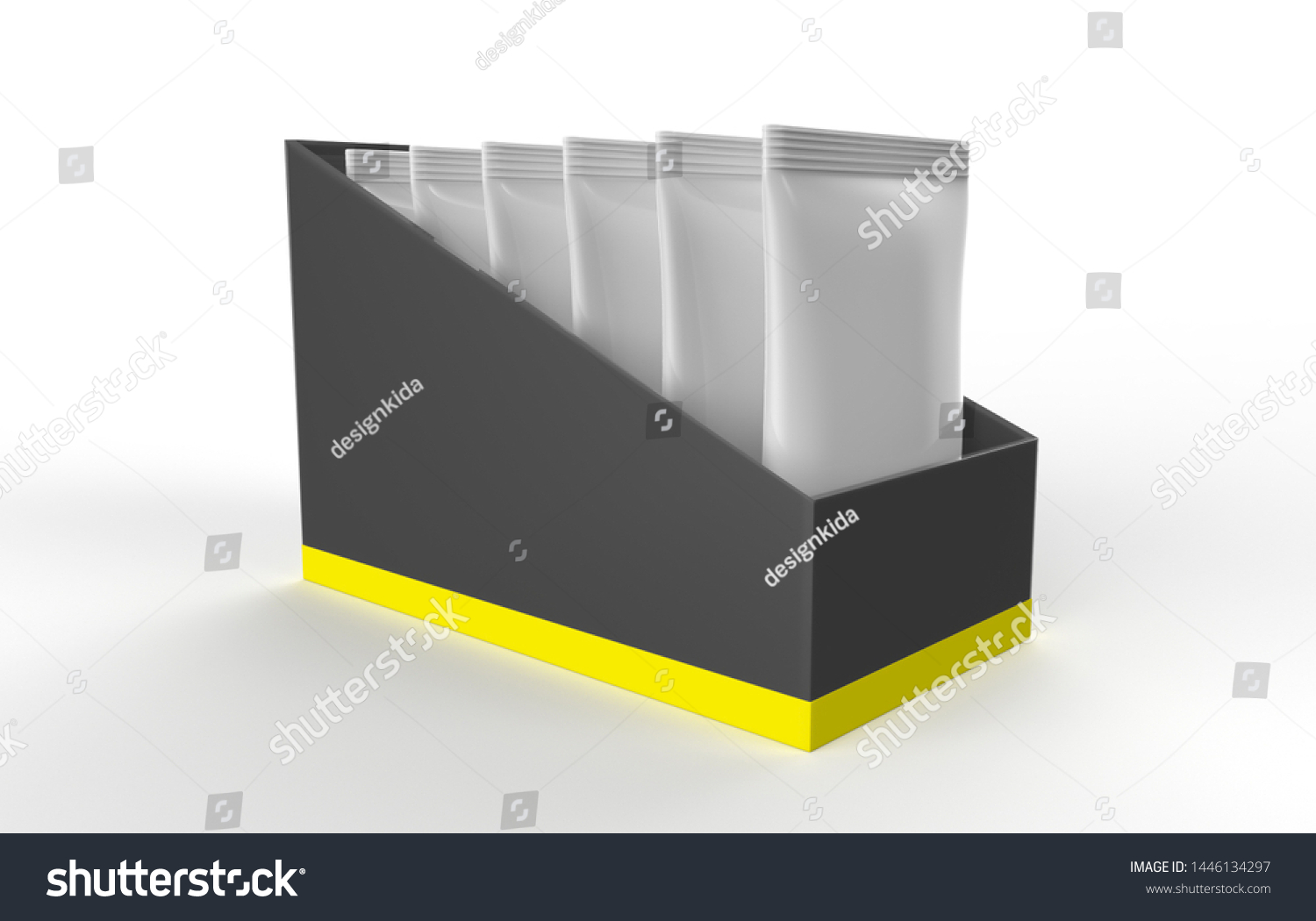 Download Box Metallic Sachets Mockup On White Stock Illustration 1446134297