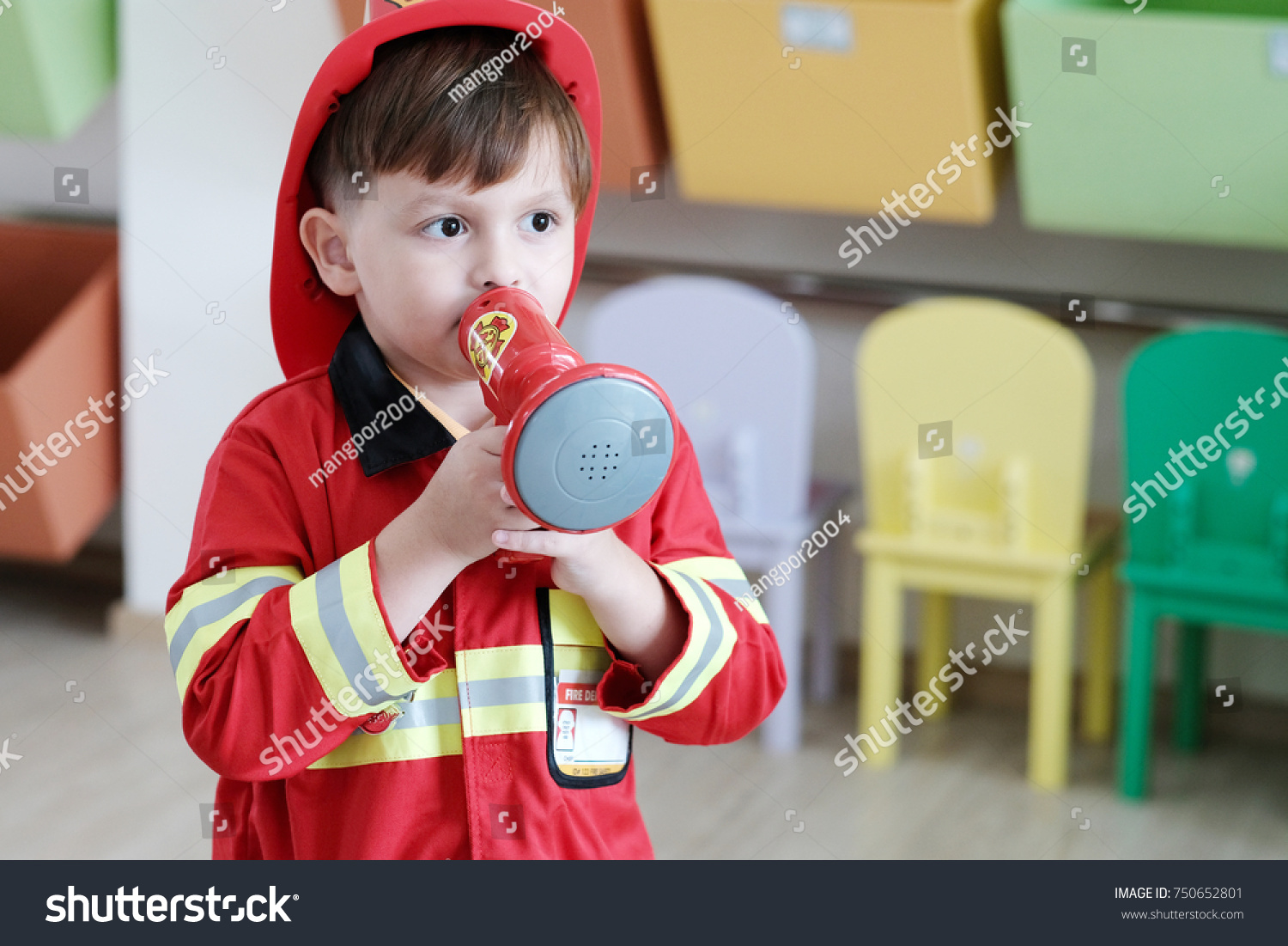 Boy Playing Fireman Police Occupation Kindergarten Stock Photo ...