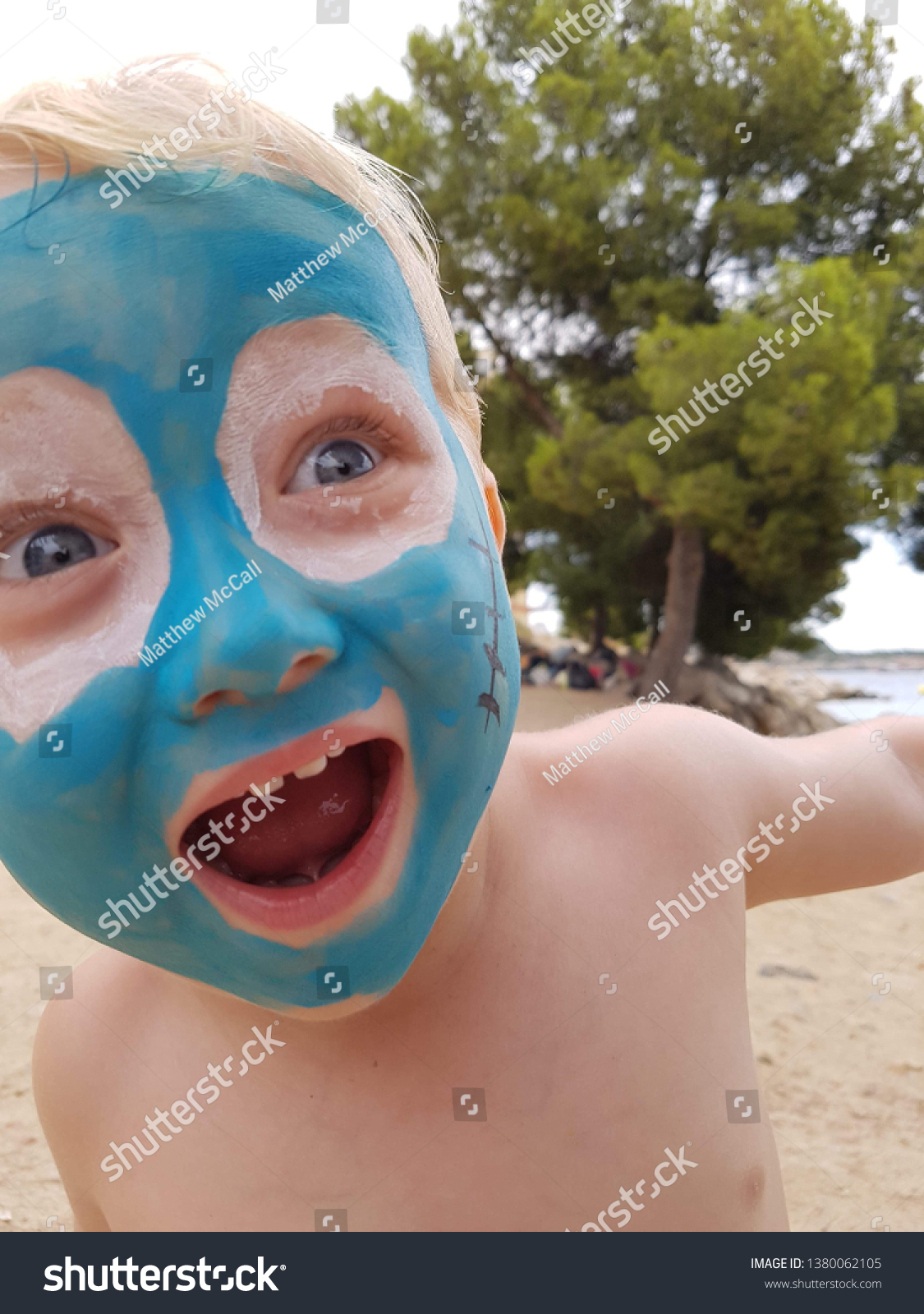 Boy Blue Face Paint Beach Stock Photo (Edit Now)