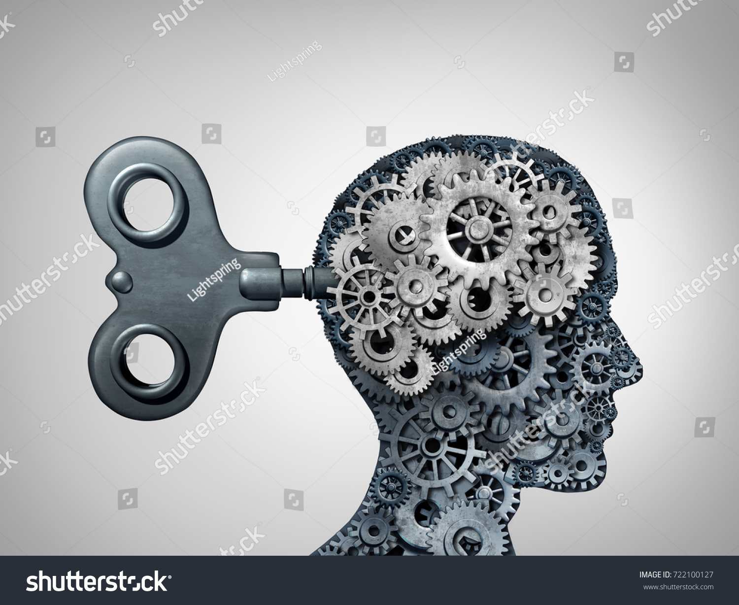 脳機能のシンボルと心理学は 人間の頭としての機器と歯車のシンボルを持ち 3dイラストとしての思考コンセプトとしてのコグシンボルを持つ のイラスト素材