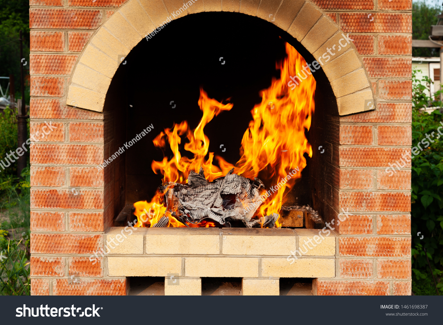 Brick Stove Yard Large Flames Fire Stock Photo Edit Now 1461698387
