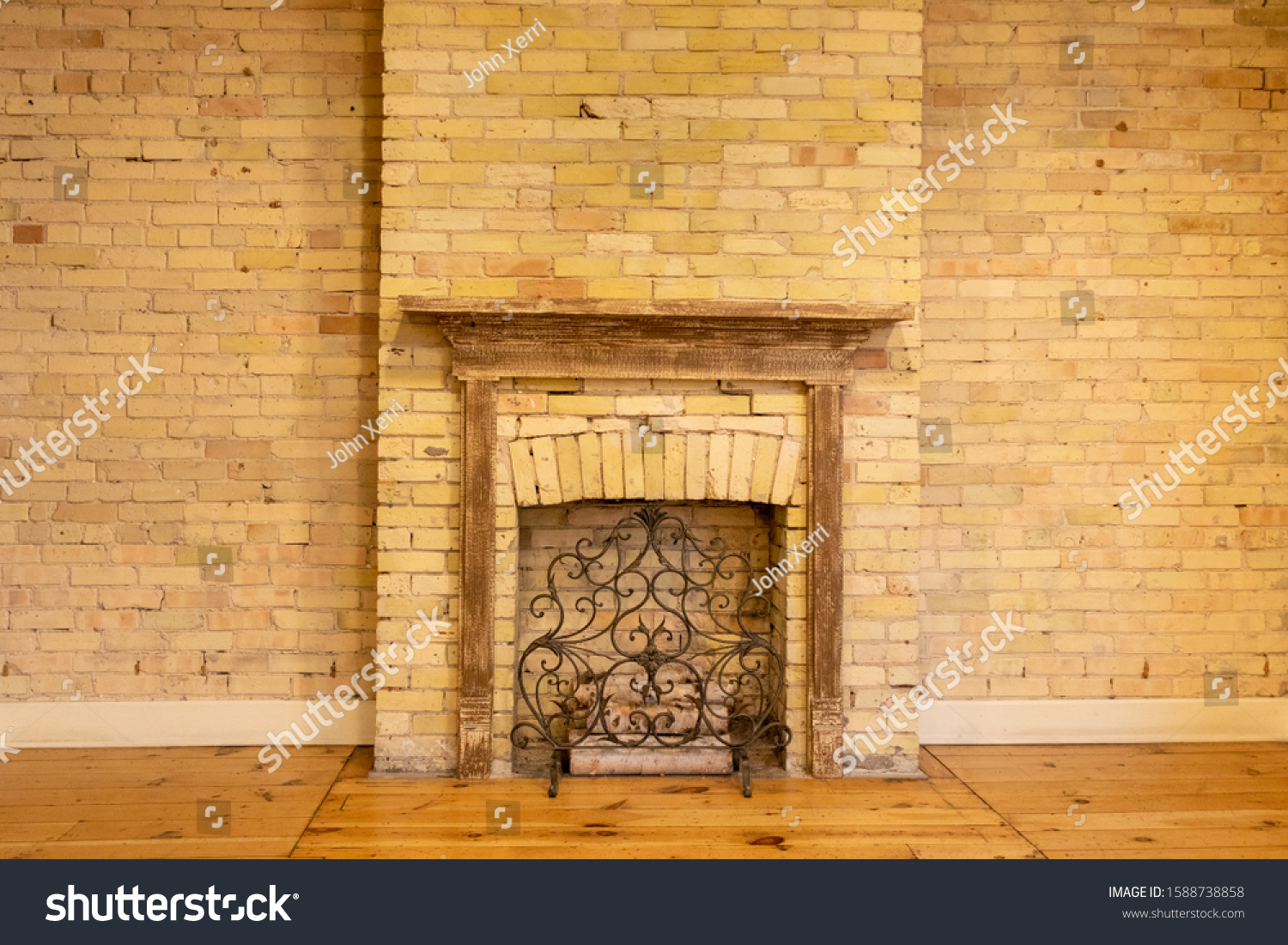 Brick Wall Fireplace Wood Trim Stock Photo Edit Now 1588738858