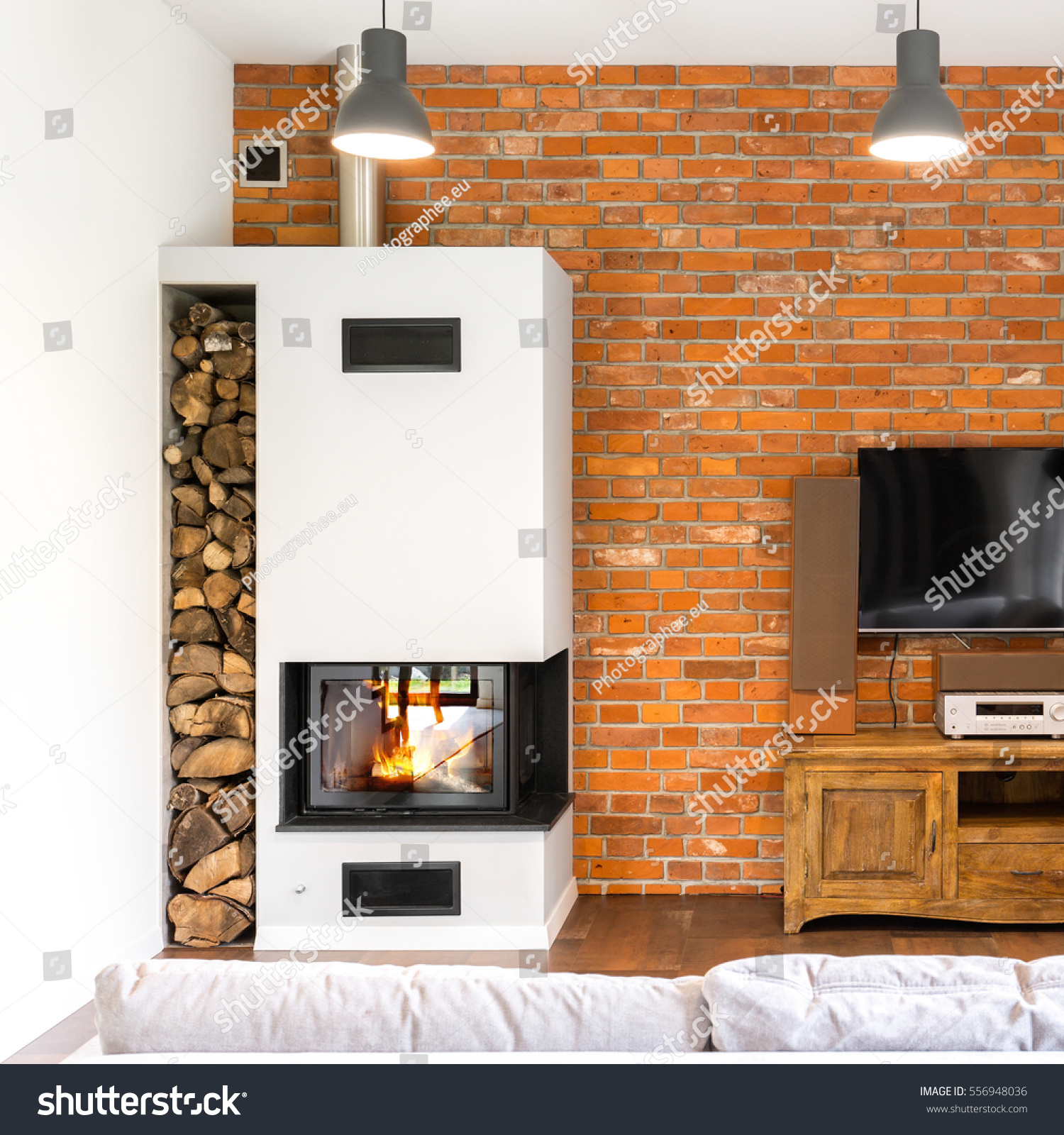 Brick Wall Living Room Modern Fireplace Objects Industrial