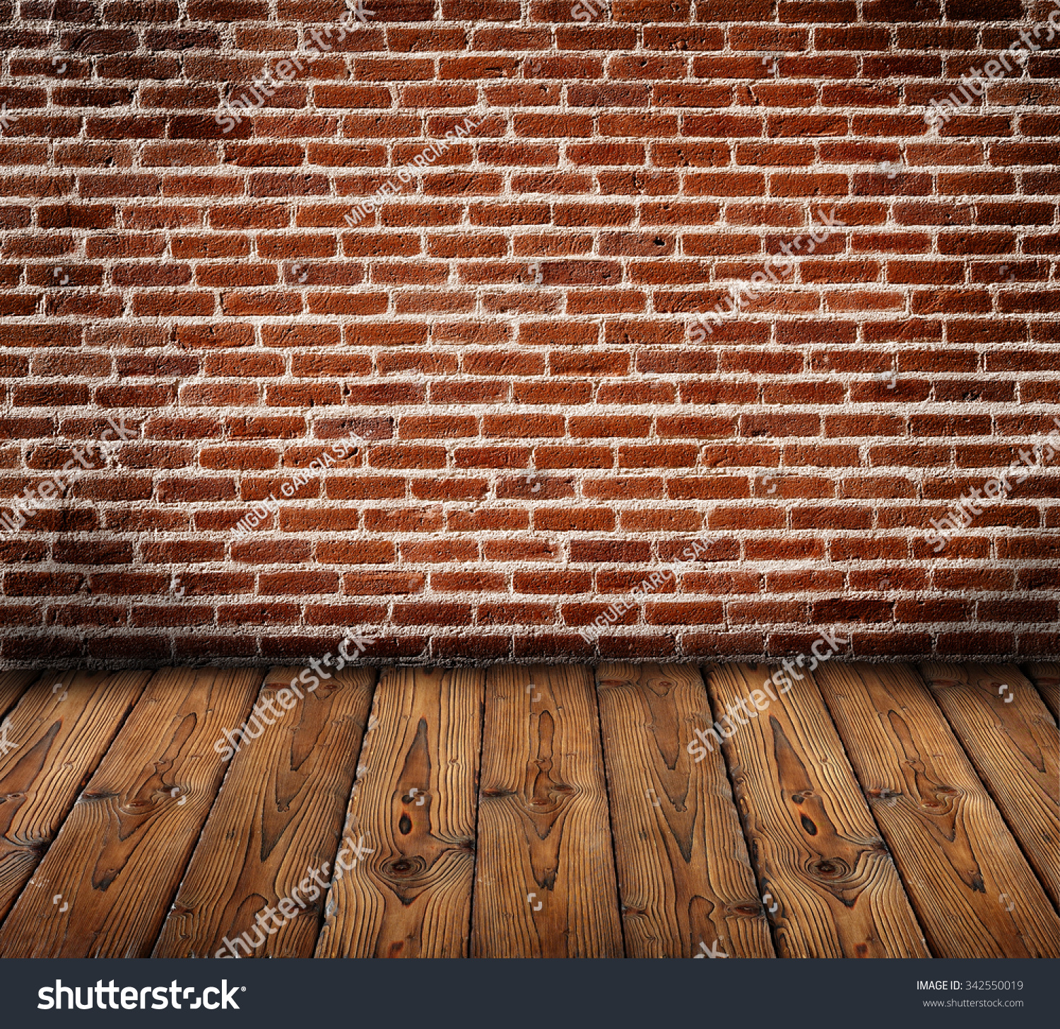 Bricks Wall With Wooden Slats Floor, Background Bricks Wall With Wooden Slats Floor, Background