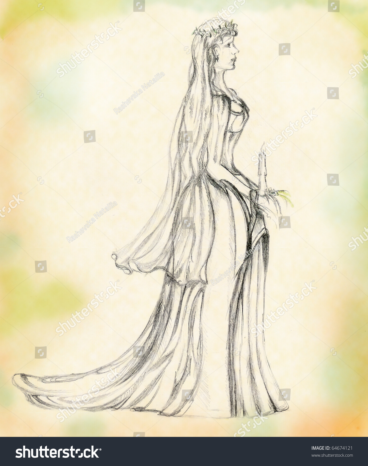 Bride Girl Wedding Dress Candle Hand Illustrationsclip