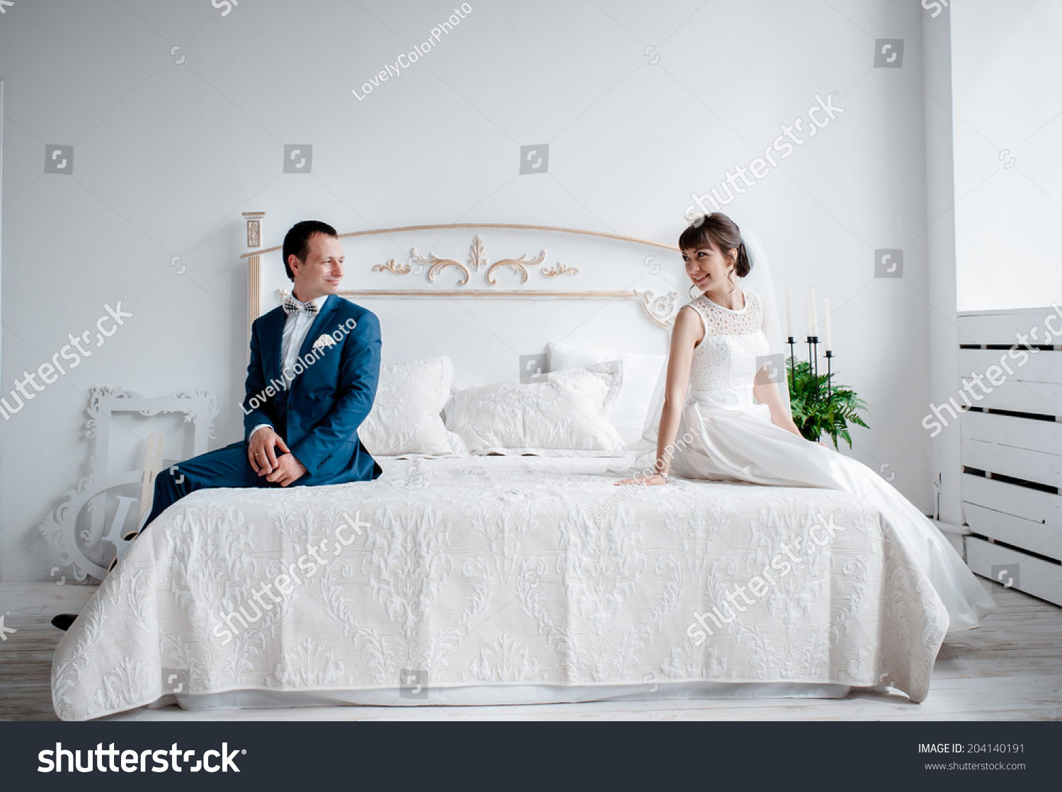 bride and groom bedding