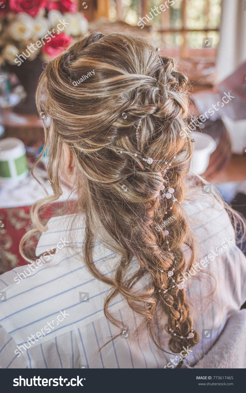 Bride French Braid Hairstyle Wedding Hairdo Stock Photo