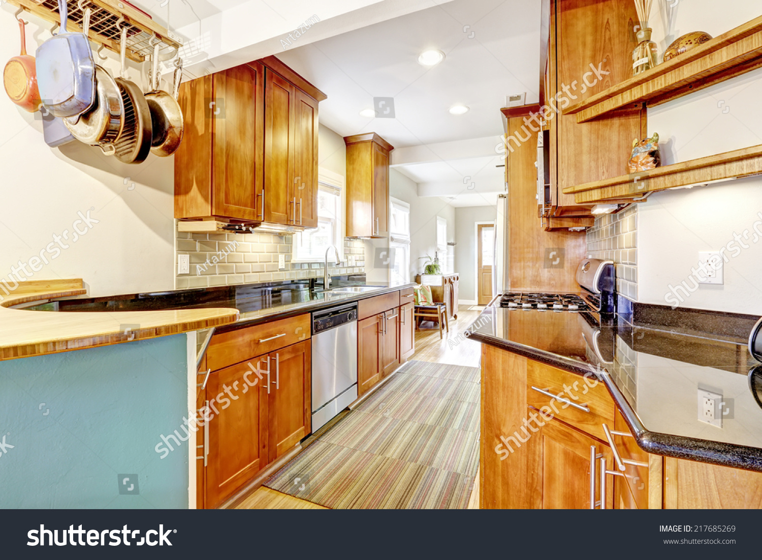Bright Brown Kitchen Cabinets Black Granite Stock Photo Edit Now