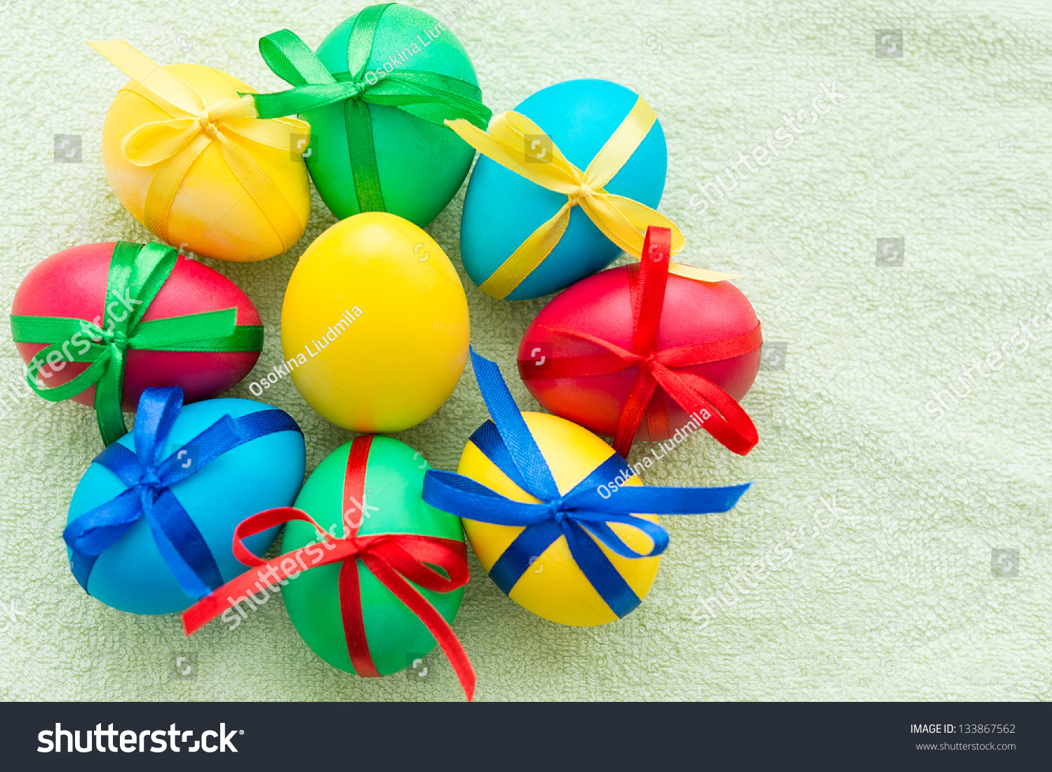 Bright Easter Eggs Decorated With Ribbons Stock Photo 133867562 ...