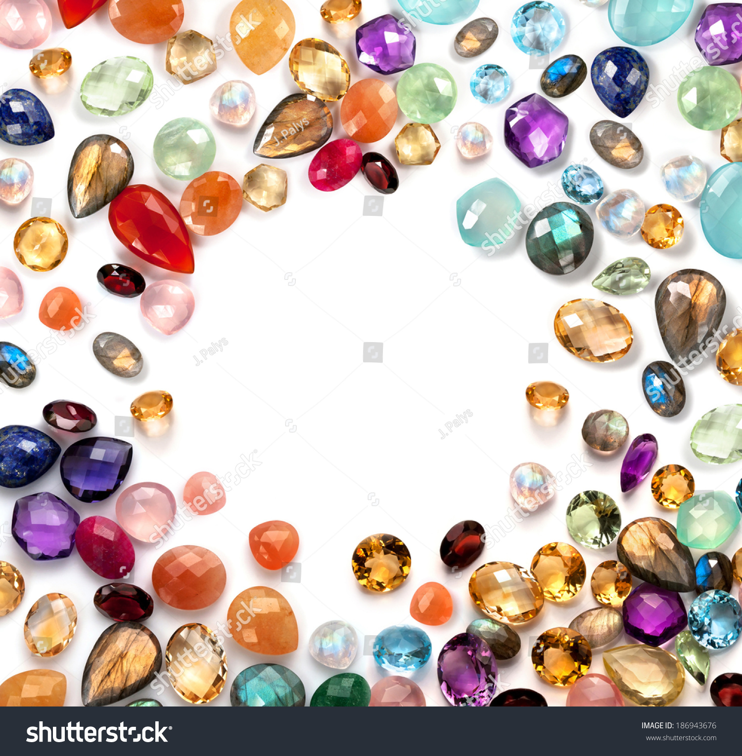 Bright Gemstones On White Background. Mix Of Real Stones Such As ...