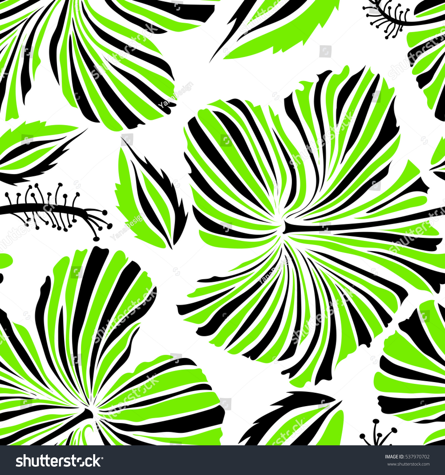 Bright Hawaiian Design Tropical Plants Hibiscus 537970702   Stock Photo Bright Hawaiian Design With Tropical Plants And Hibiscus Flowers In Green And Black Colors On A 537970702 