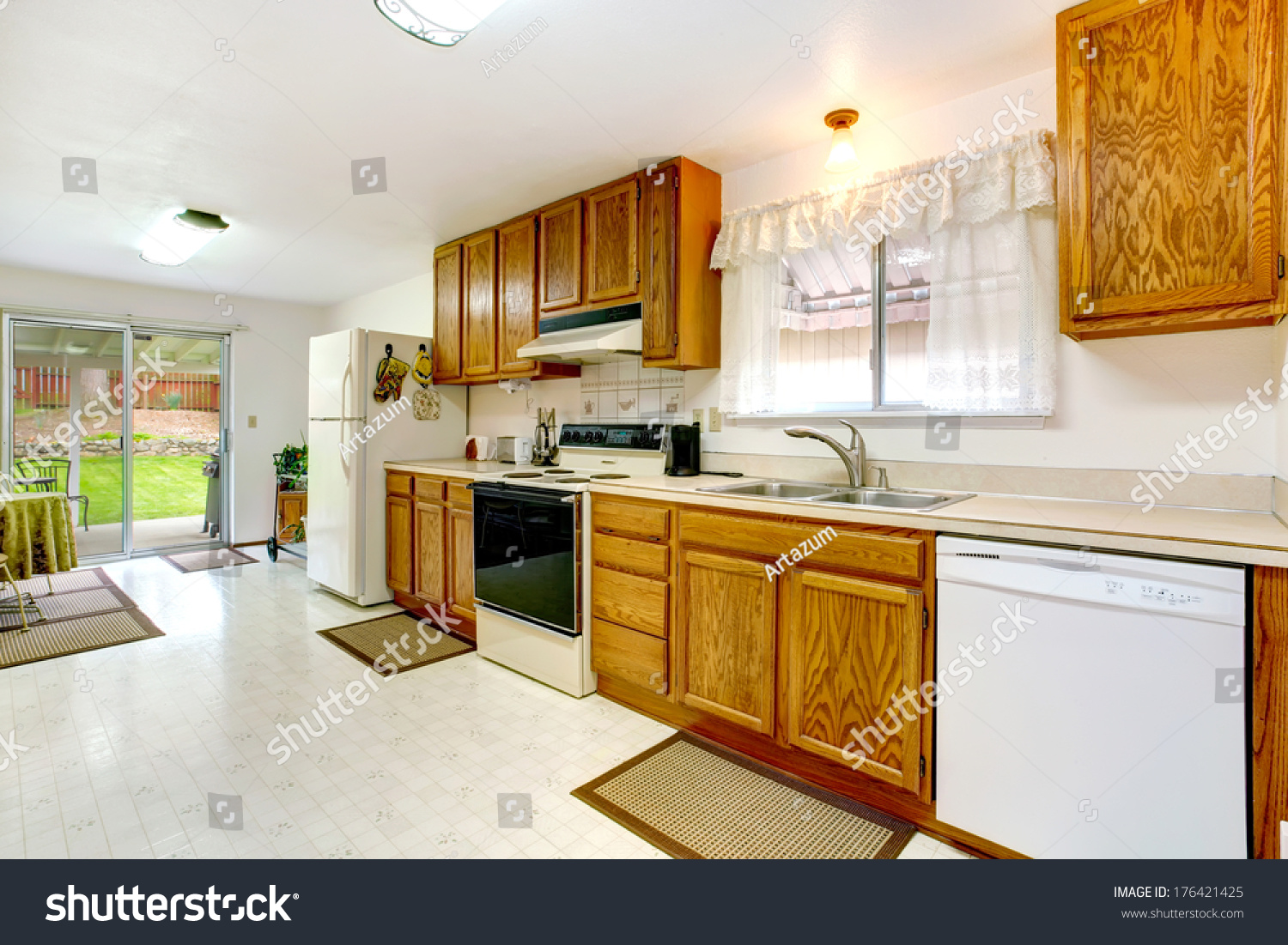 Bright Kitchen Wood Cabinets Tile Floor Stock Photo Edit Now
