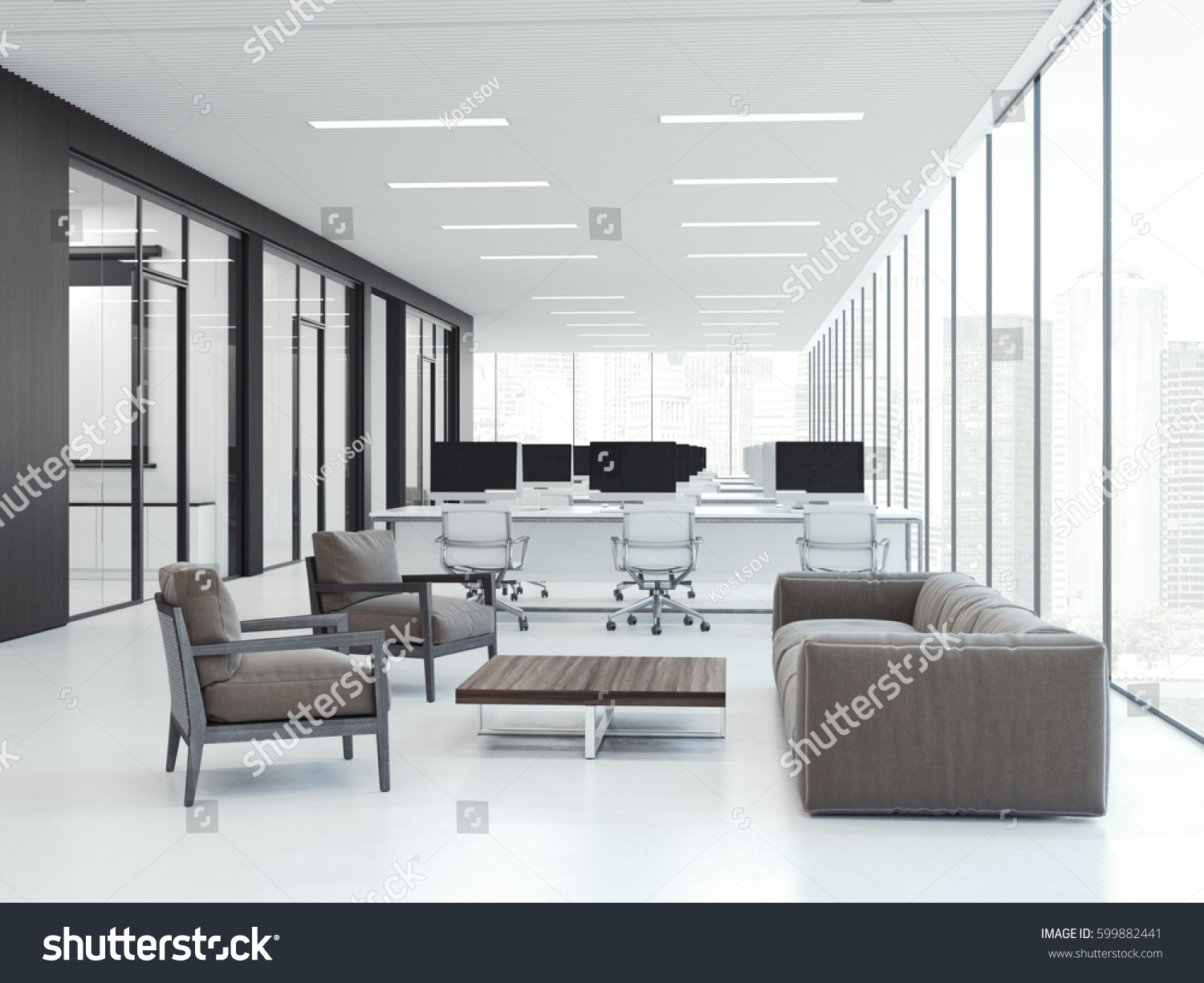 Bright Office Interior Workspaces 3d Rendering Stock Illustration 599882441