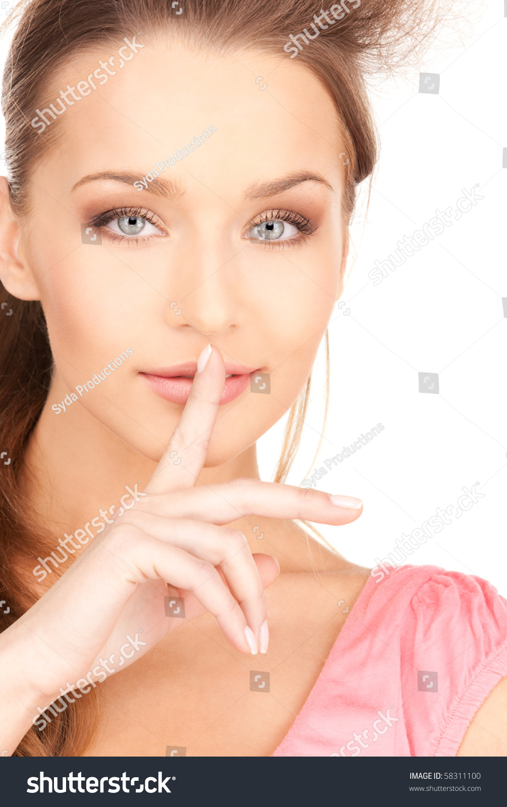Bright Picture Of Young Woman With Finger On Lips Stock Photo 58311100 ...