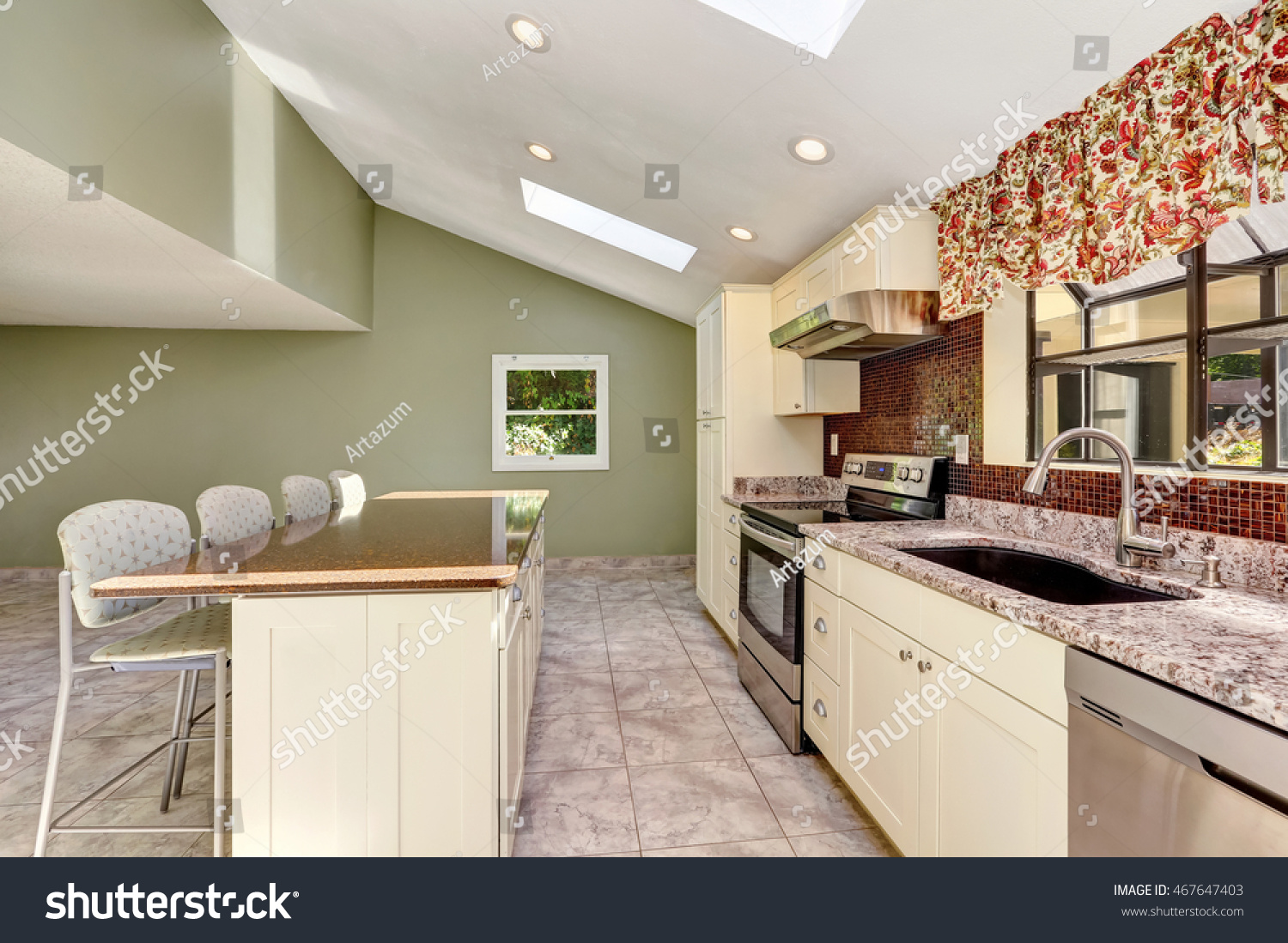 Bright Sunny Kitchen Vaulted Ceiling Skylights Stock Photo Edit