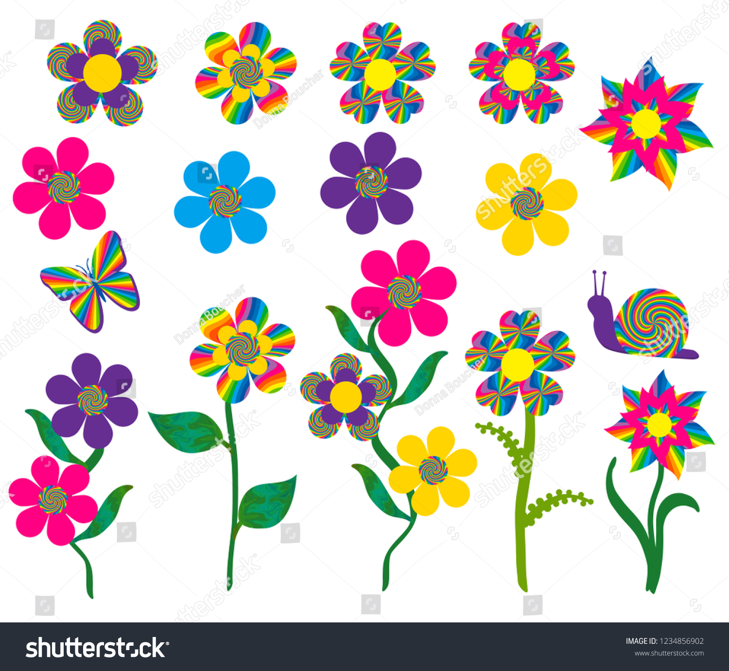 Brightly Colored Psychedelic Cartoon Flowers Butterfly Stock ...