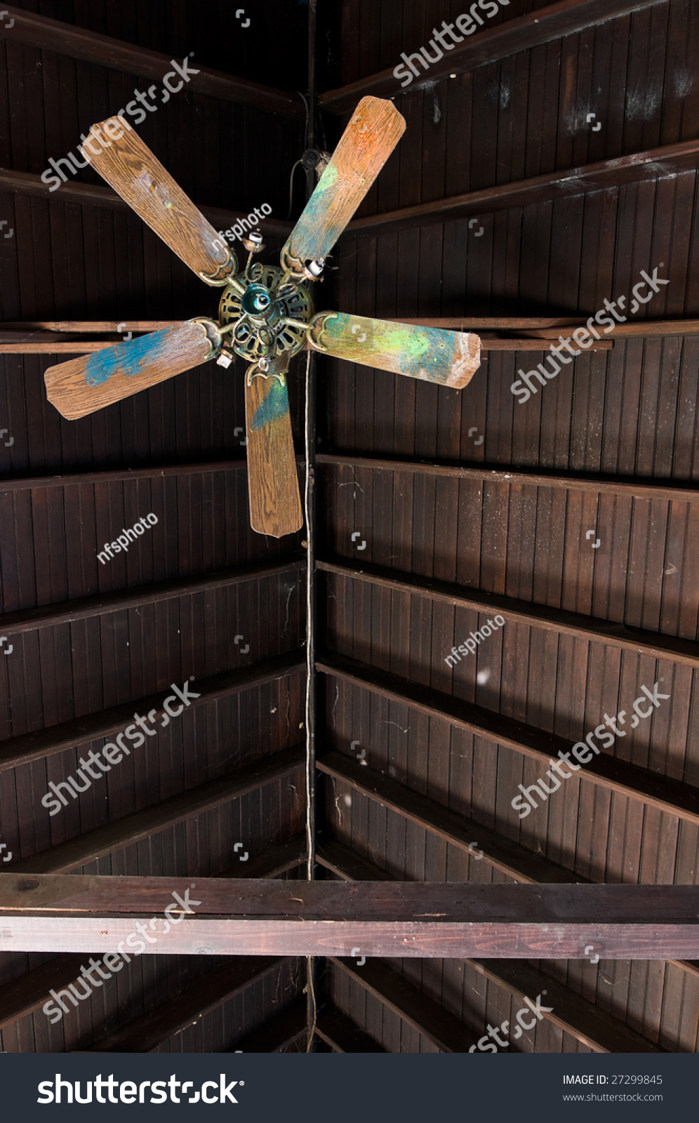 Broken Ceiling Fan Abandoned Building Shot Stock Photo Edit Now Broken Ceiling Fan In Abandoned Building Shot Straight Up Towards The Exposed Wood Roof