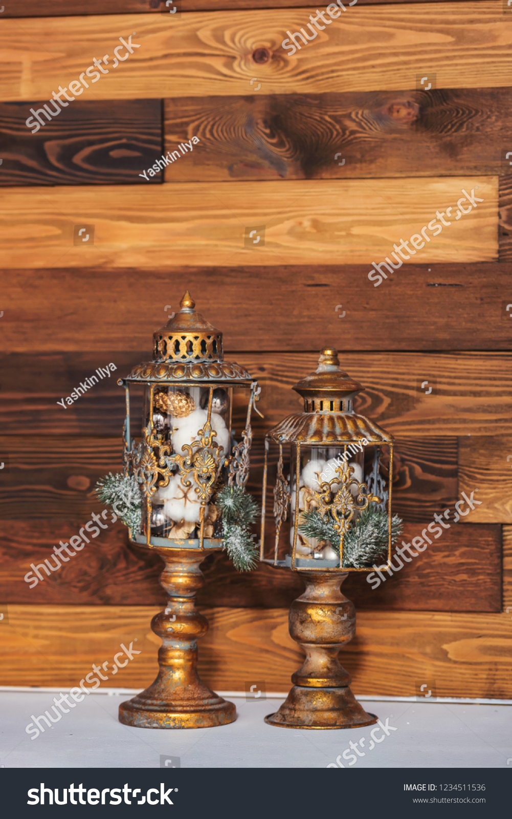 Bronze Lamps On Fireplace Decorations Christmas Stock Photo Edit