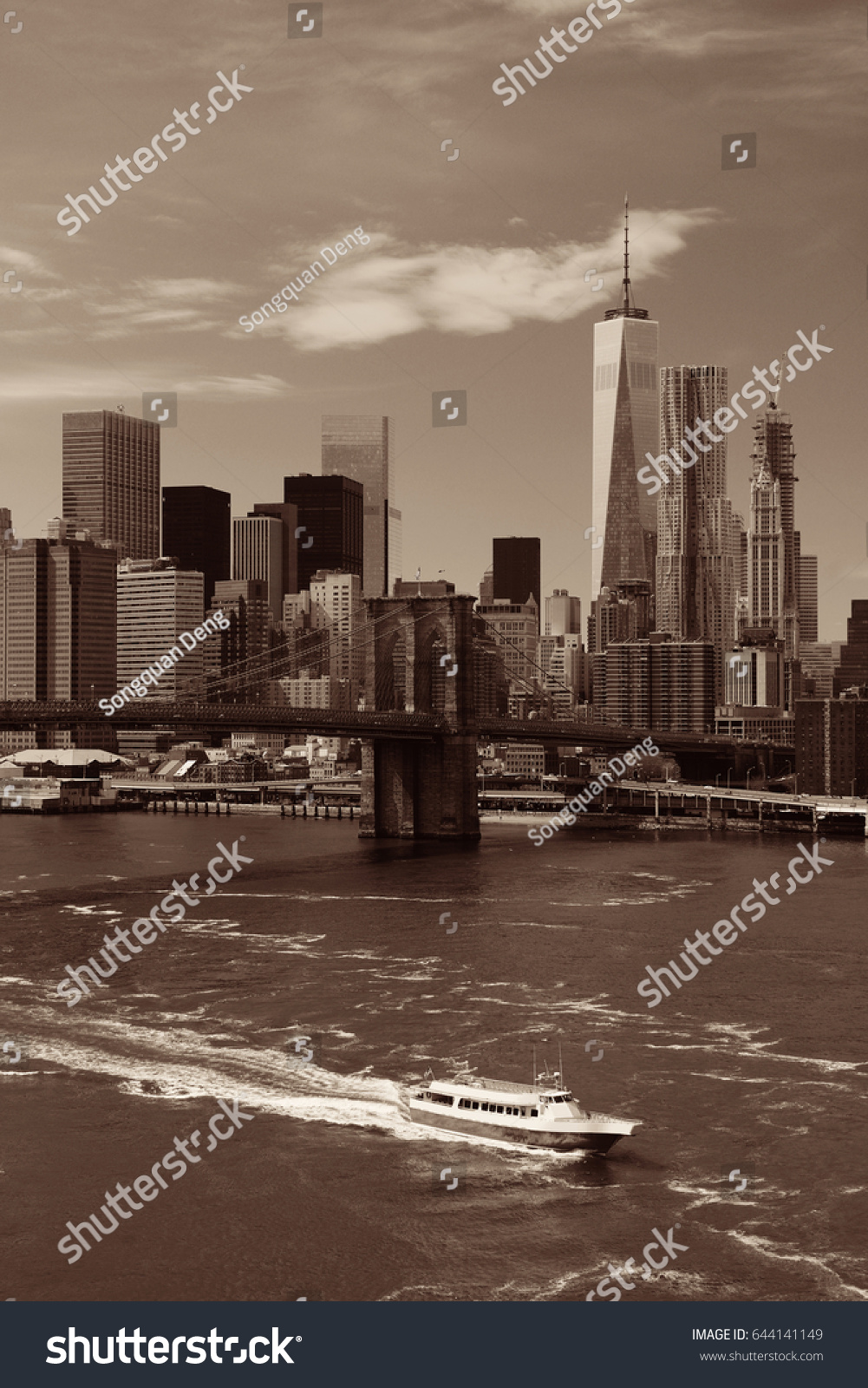 Brooklyn Bridge Downtown Manhattan Skyline Boat Stock Photo Edit Now