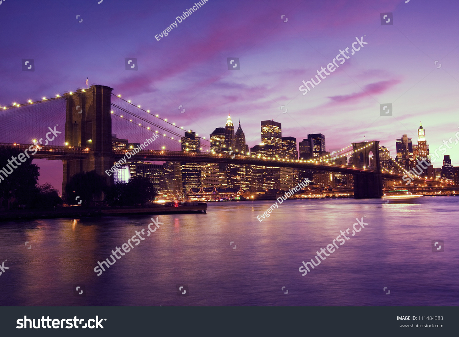 Brooklyn Bridge And Manhattan At Sunset, New York Stock Photo 111484388 ...