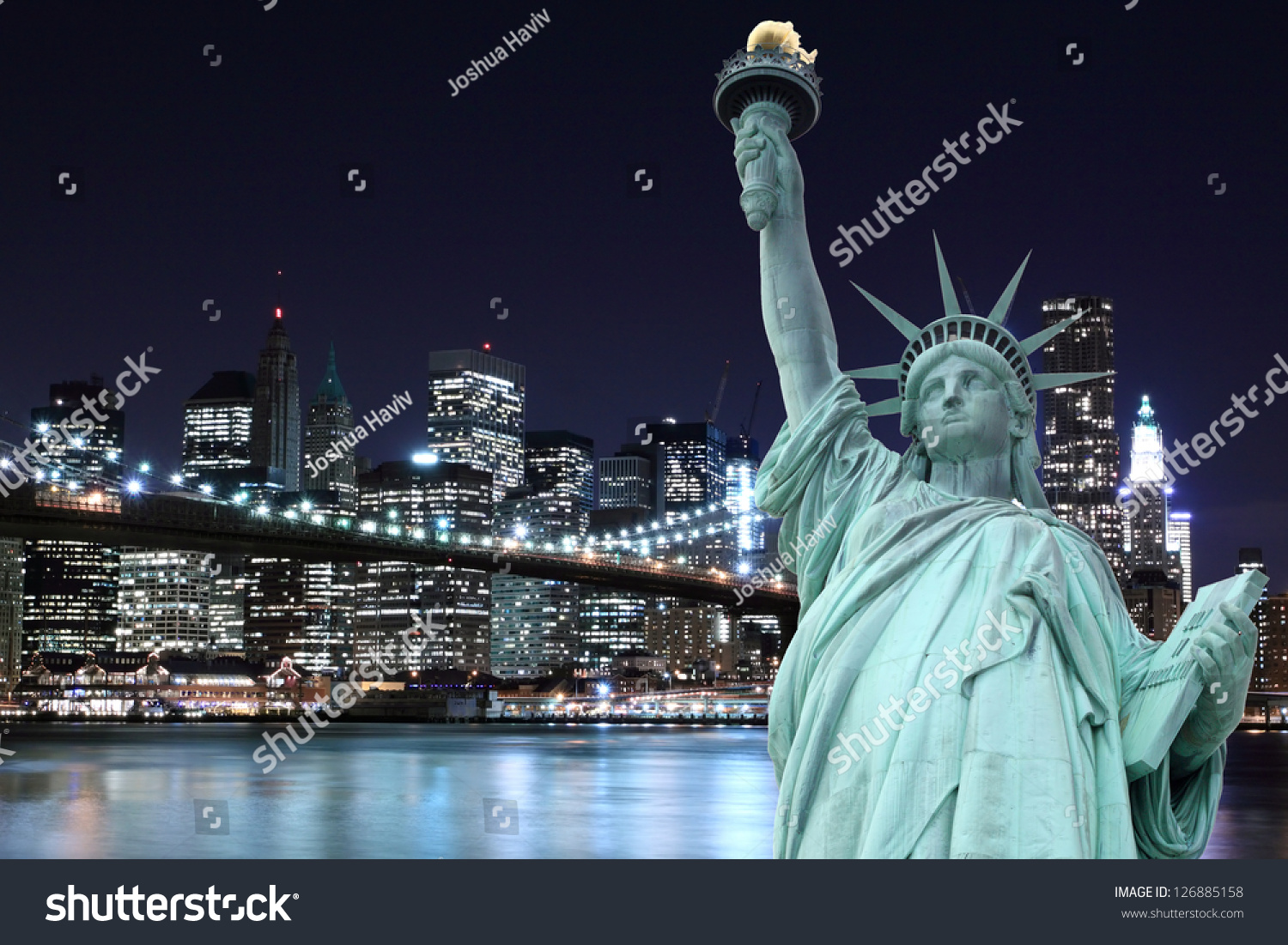 Brooklyn Bridge And The Statue Of Liberty At Night, New York City Stock ...