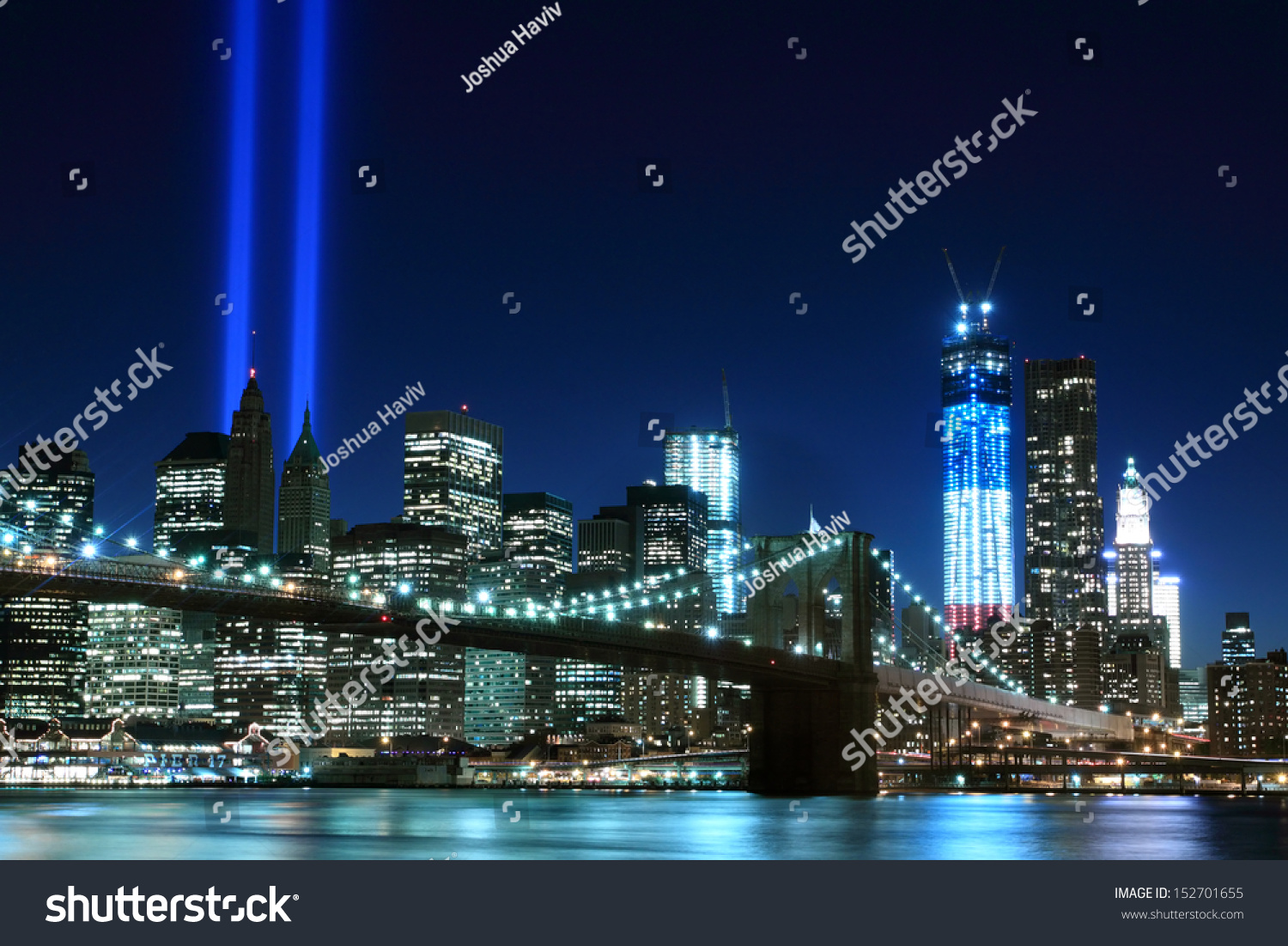 Brooklyn Bridge and the Towers of Lights (Tribute in Light) at Night, Manhattan, New York City