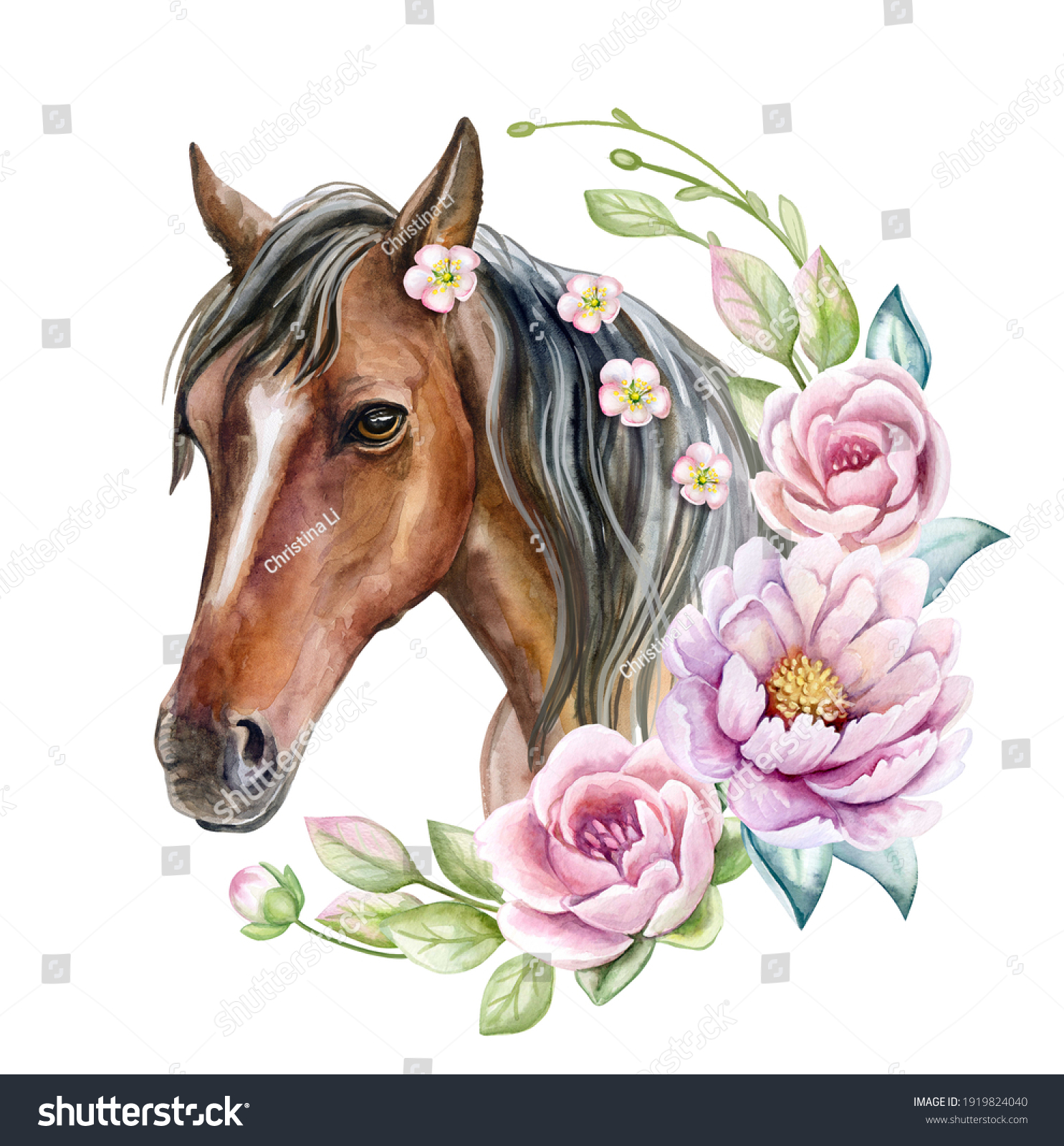 3274 Watercolor Horse With Flowers Stock Illustrations Images