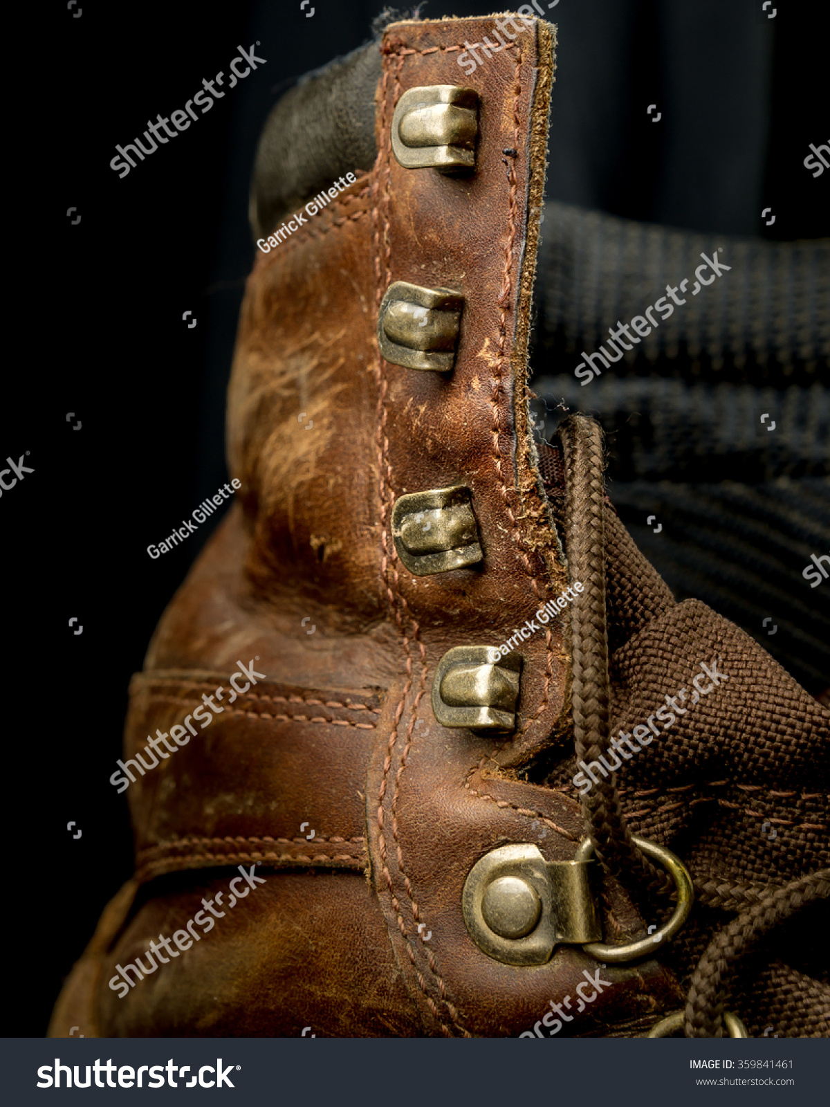 Brown Leather Work Boots On Black Stock 