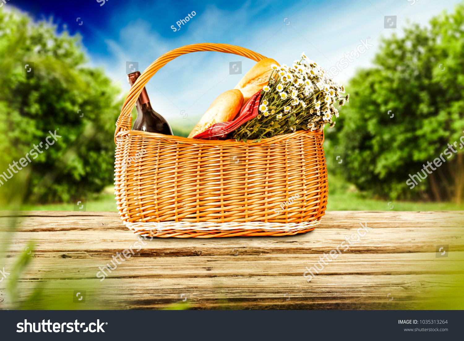 Brown Picnic Basket Food On Wooden Stock Photo Edit Now 1035313264