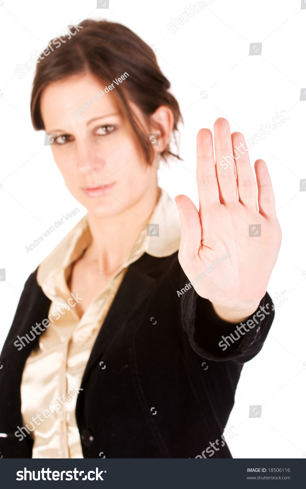 Brunette Business Woman Holding Hand Up, Looking Annoyed. Hand In Focus ...