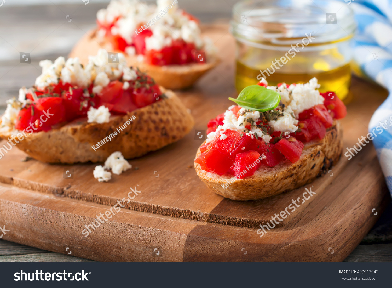 Bruschetta Tomatoes Feta Cheese Basil Traditional Stock Photo Edit Now 499917943