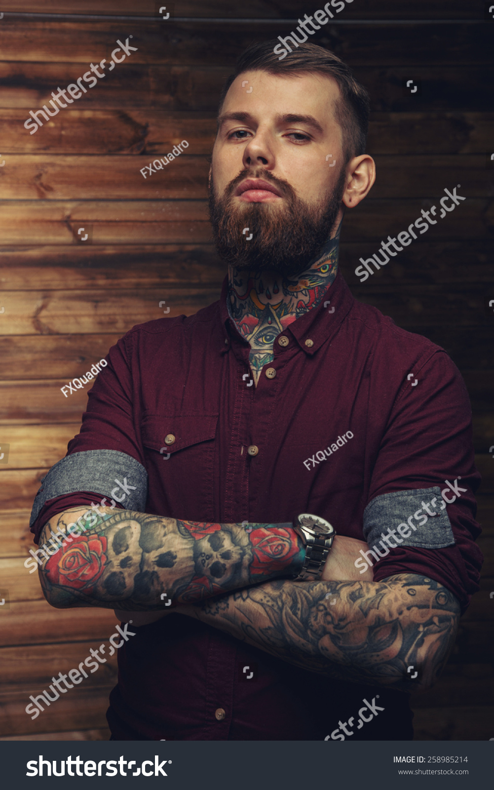 Brutal Tattooed Man With Full Seriousness Look Stock Photo 258985214 ...