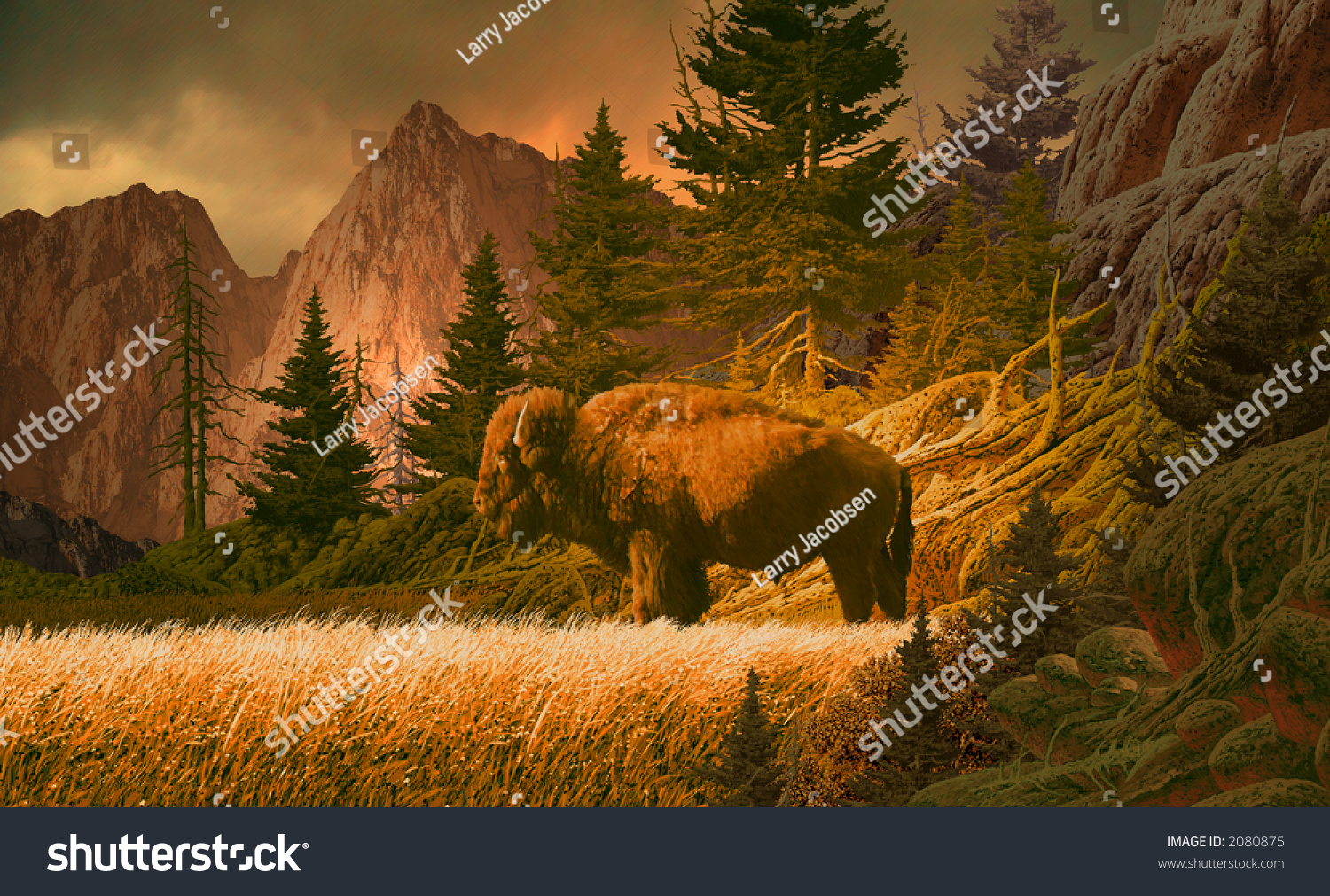 Buffalo Rocky Mountainsimage Original 17x28 Paintingsw009 Stock ...