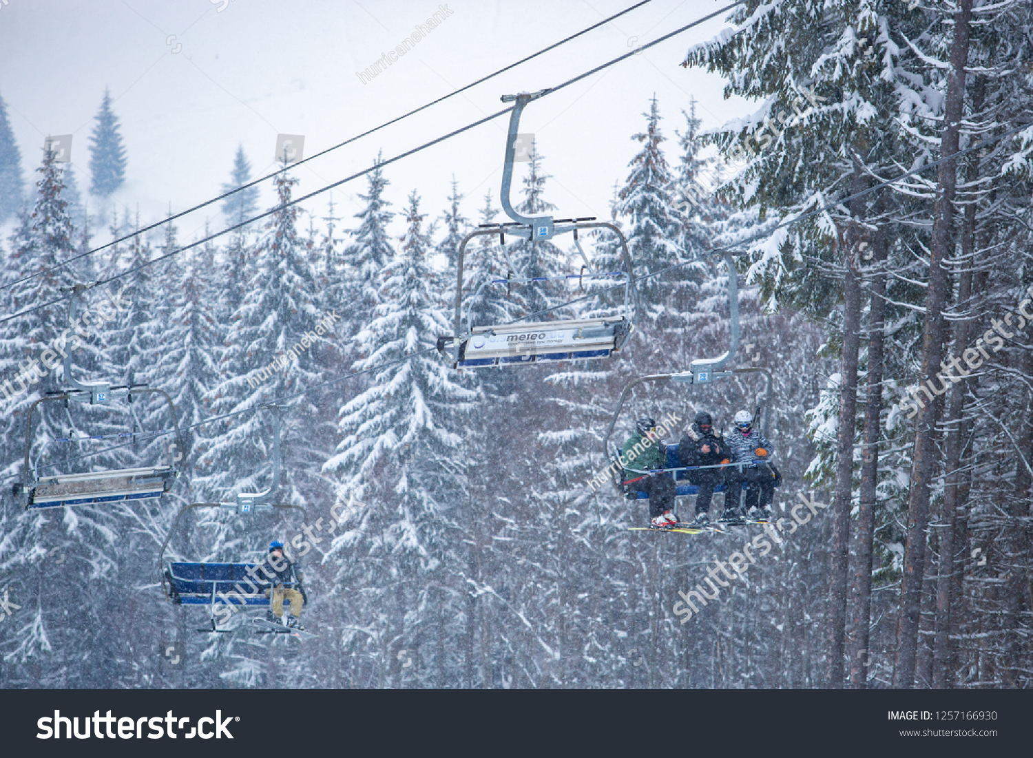 Bukovelukraine19 March2018 Chair Lift Skiers Snowboarders Stock