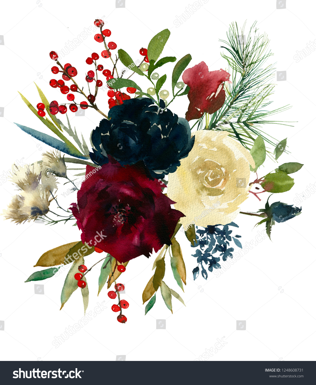 Burgundy White Navy Blue Watercolor Floral Stock Illustration