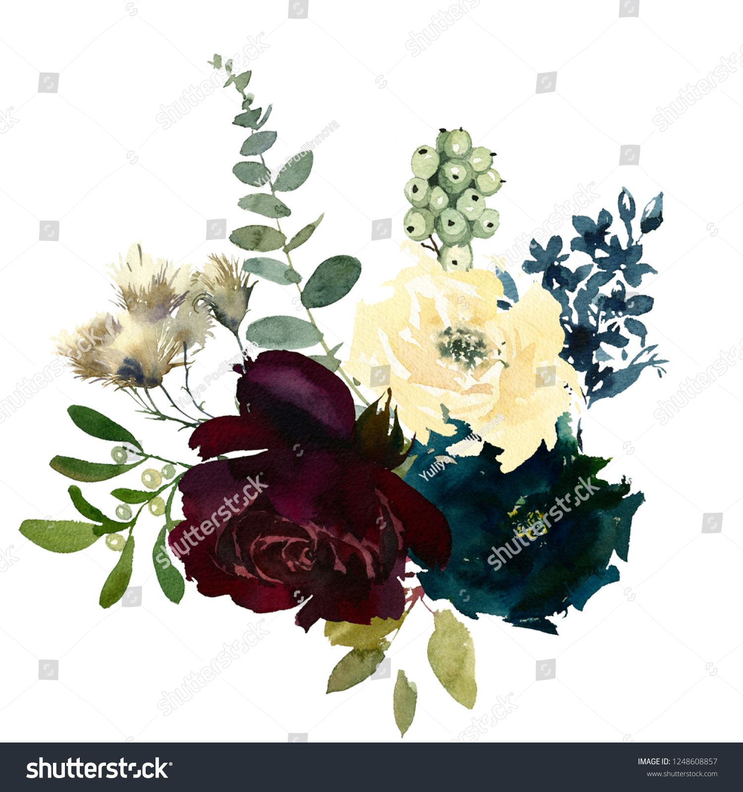 Burgundy White Navy Blue Watercolor Floral Stock Illustration