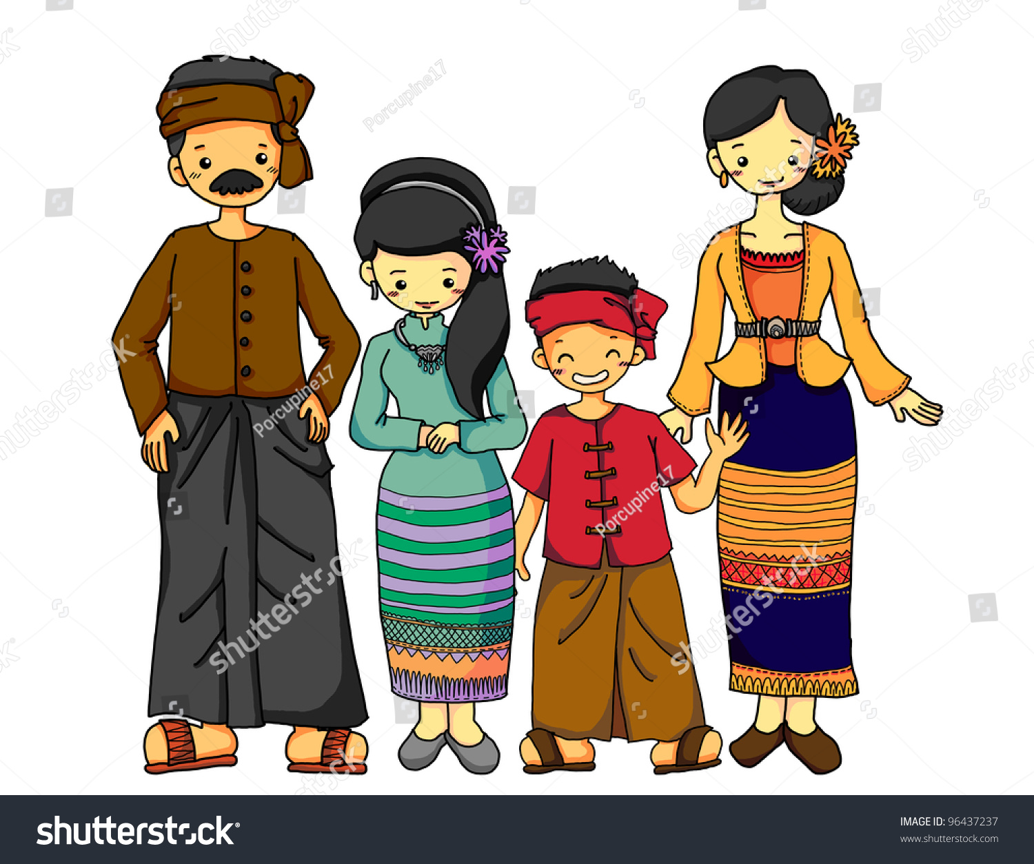 Burmese Family Burmese Traditional Costume Stock Illustration 96437237 ...