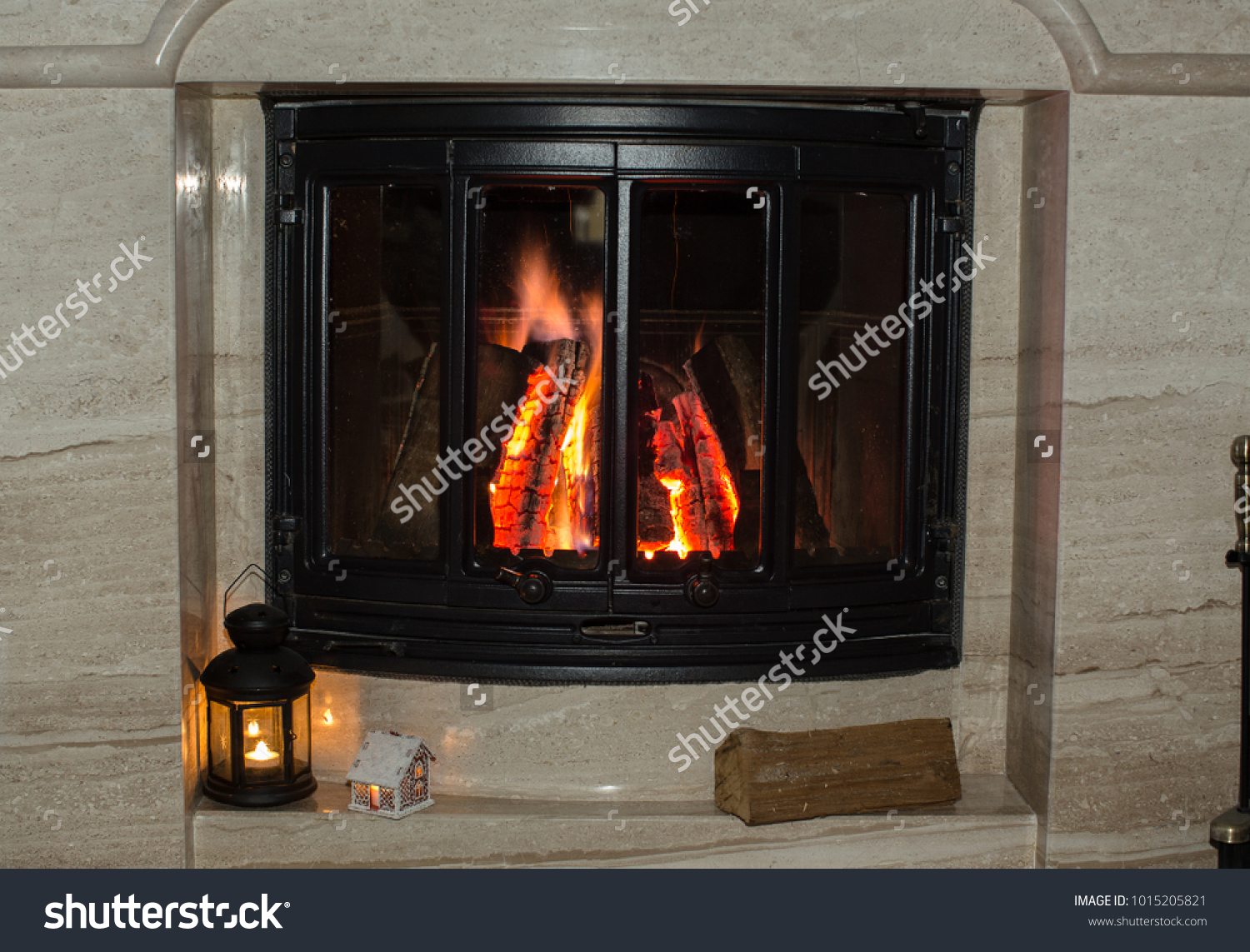 Burning Logs Glass Door Marble Fireplace Stock Photo Edit Now