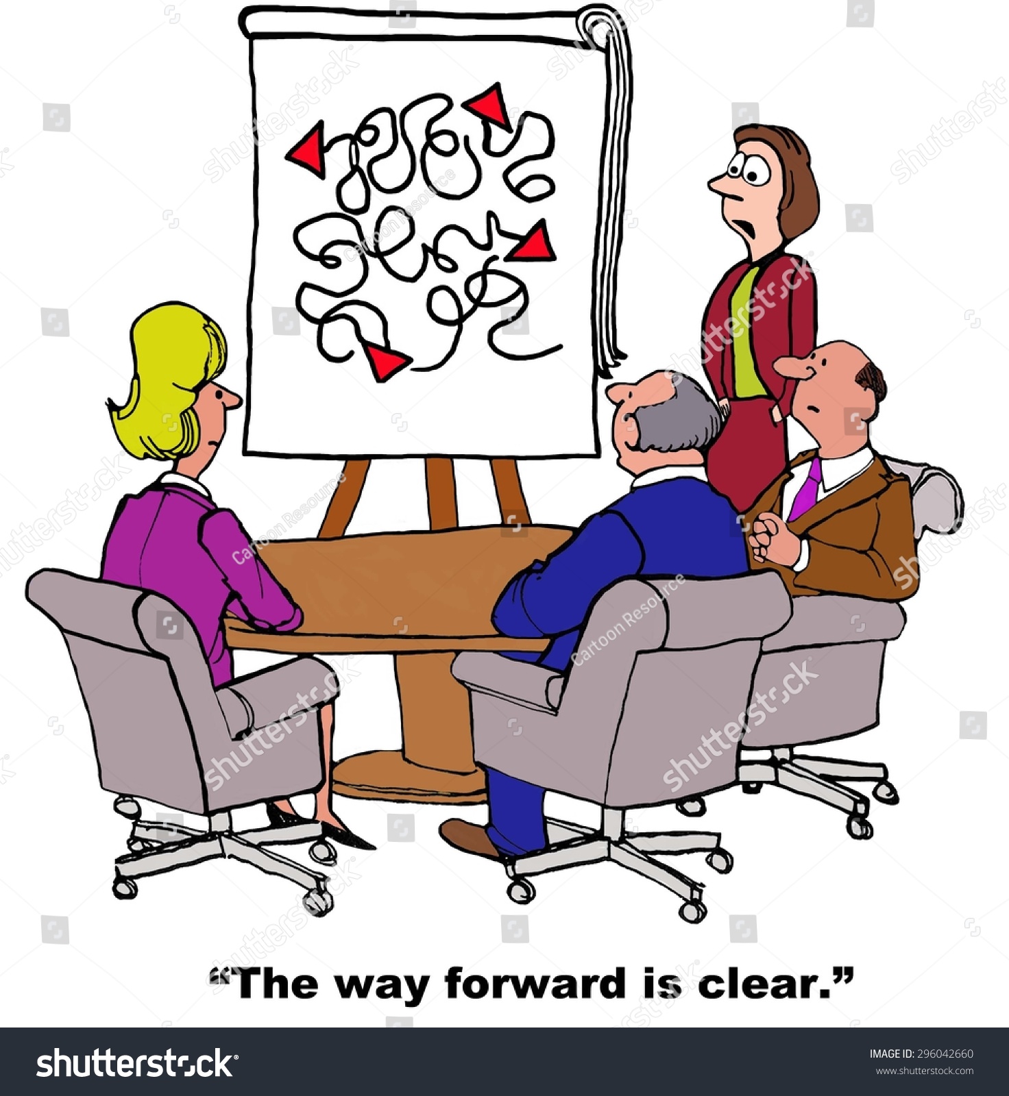 stock photo business cartoon of meeting and chart with many lines businesswoman refers to chart and says the 296042660